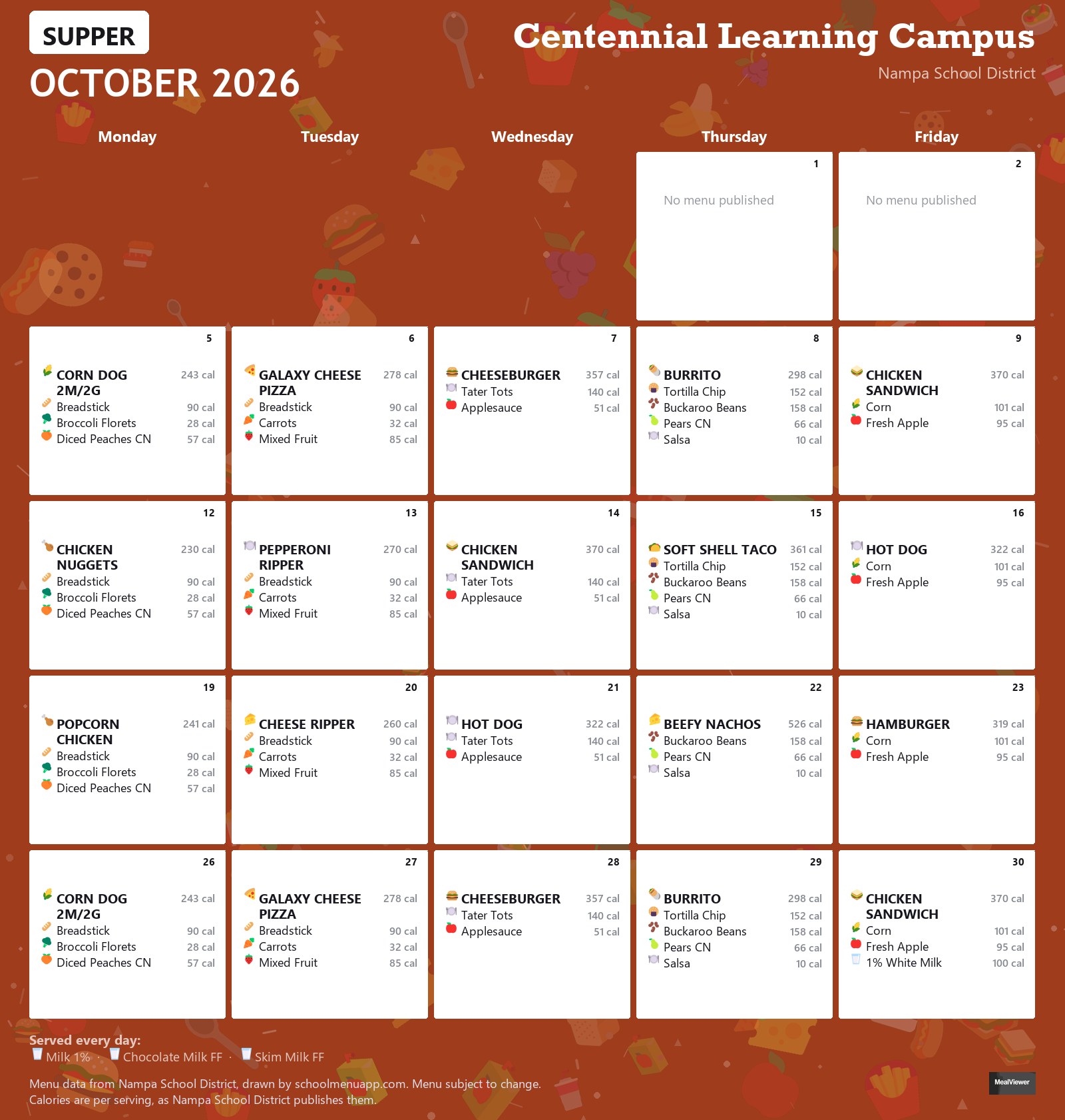 Centennial Learning Campus supper menu for October 2026 &mdash; Nampa School District