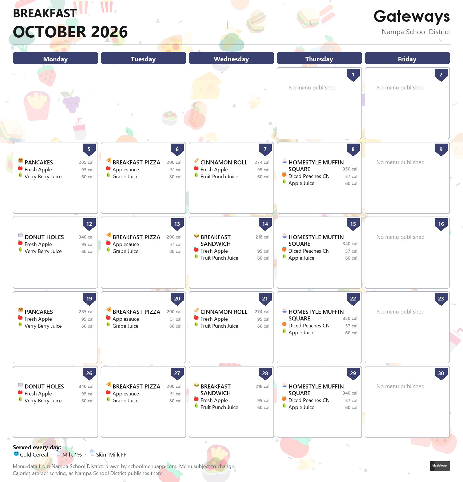 Gateways breakfast menu for October 2026 &mdash; Nampa School District