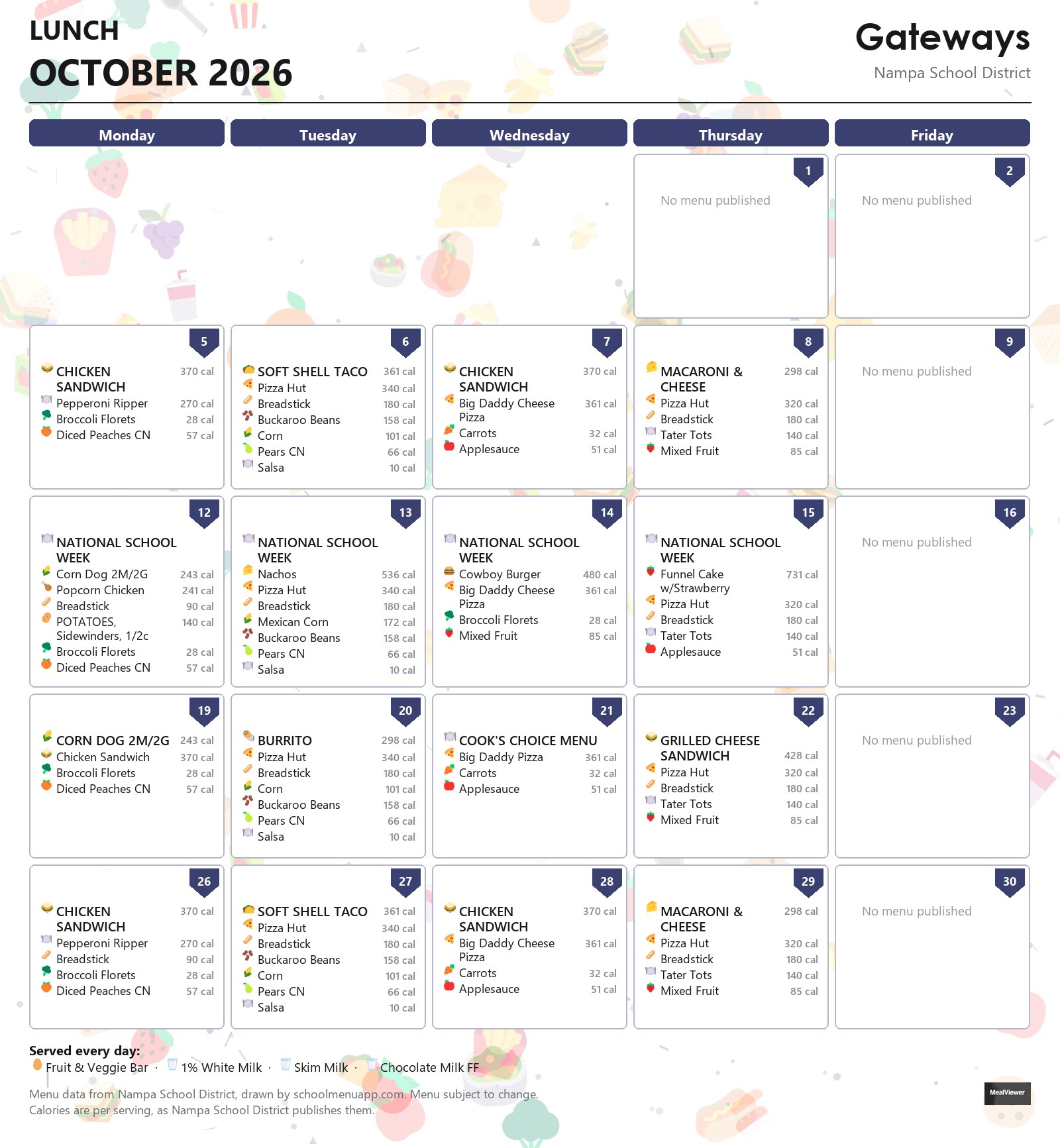 Gateways lunch menu for October 2026 &mdash; Nampa School District