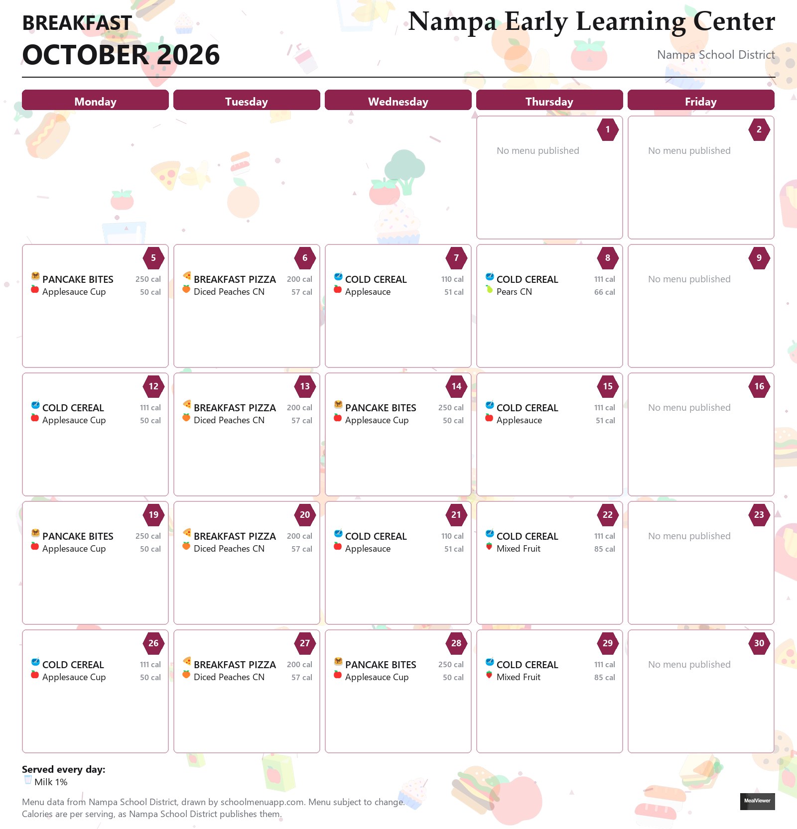 Nampa Early Learning Center breakfast menu for October 2026 &mdash; Nampa School District
