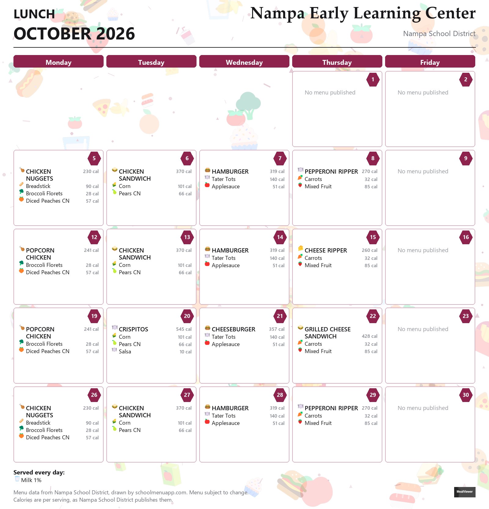 Nampa Early Learning Center lunch menu for October 2026 &mdash; Nampa School District