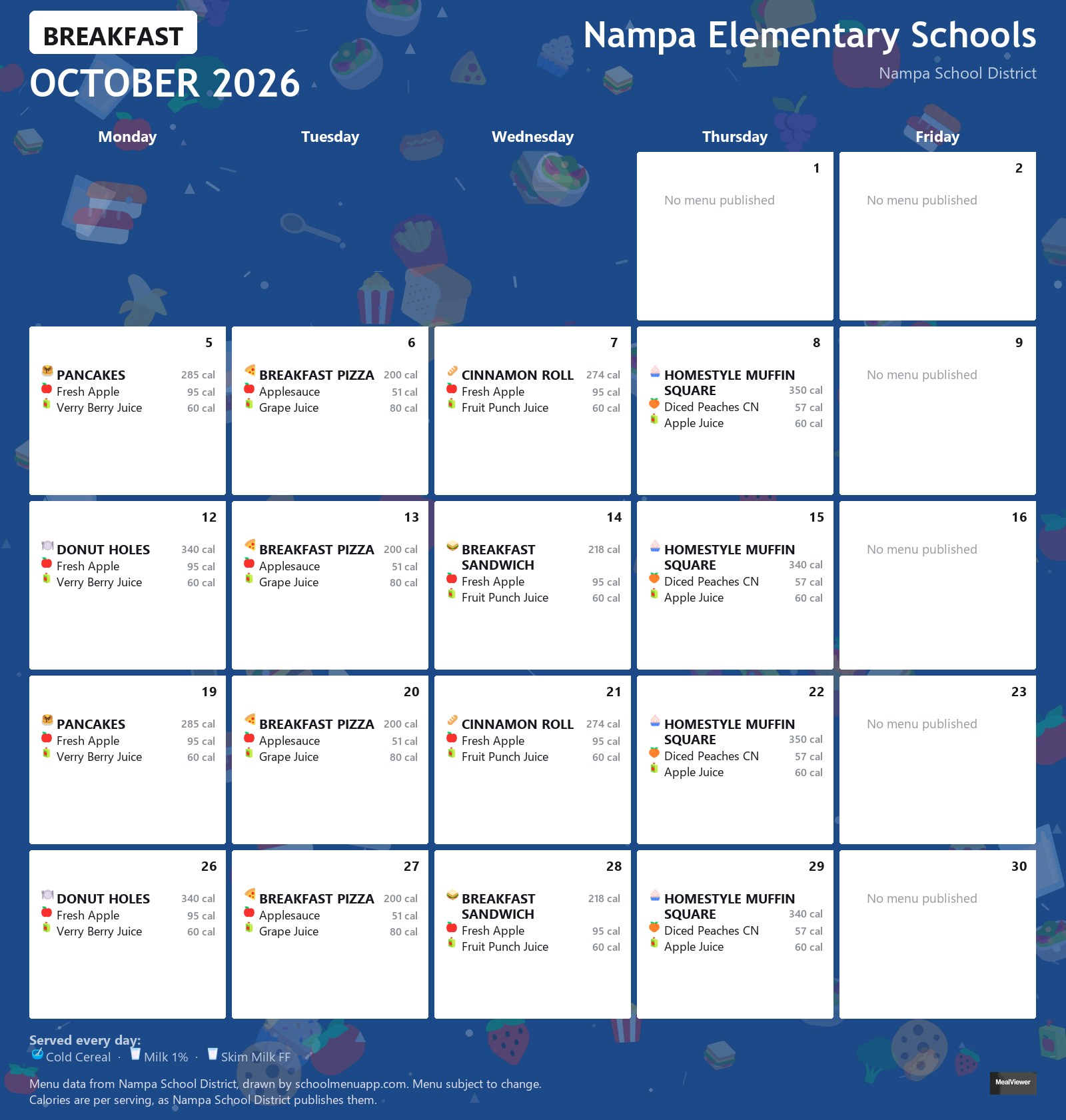 Nampa Elementary Schools breakfast menu for October 2026 &mdash; Nampa School District