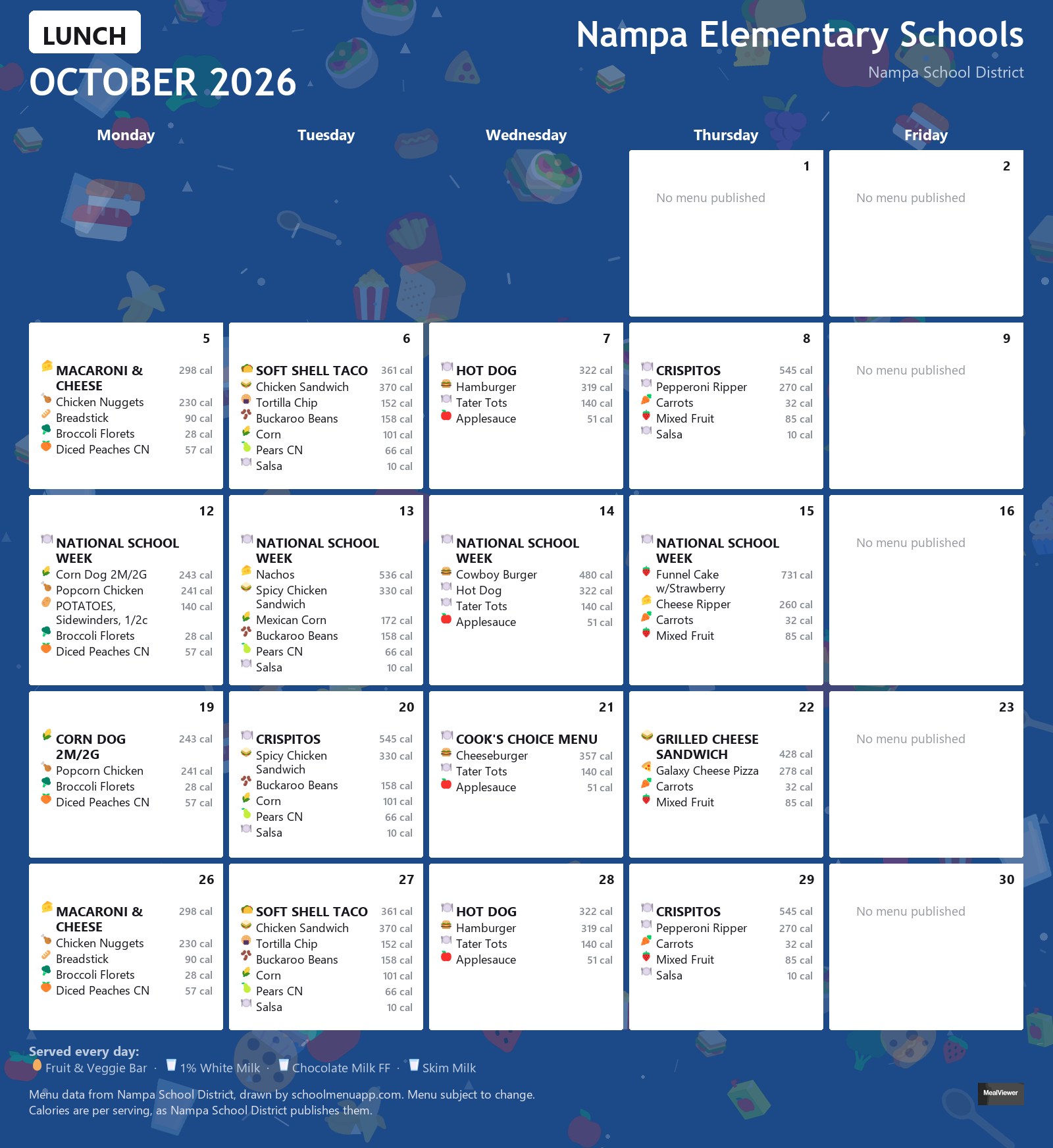 Nampa Elementary Schools lunch menu for October 2026 &mdash; Nampa School District
