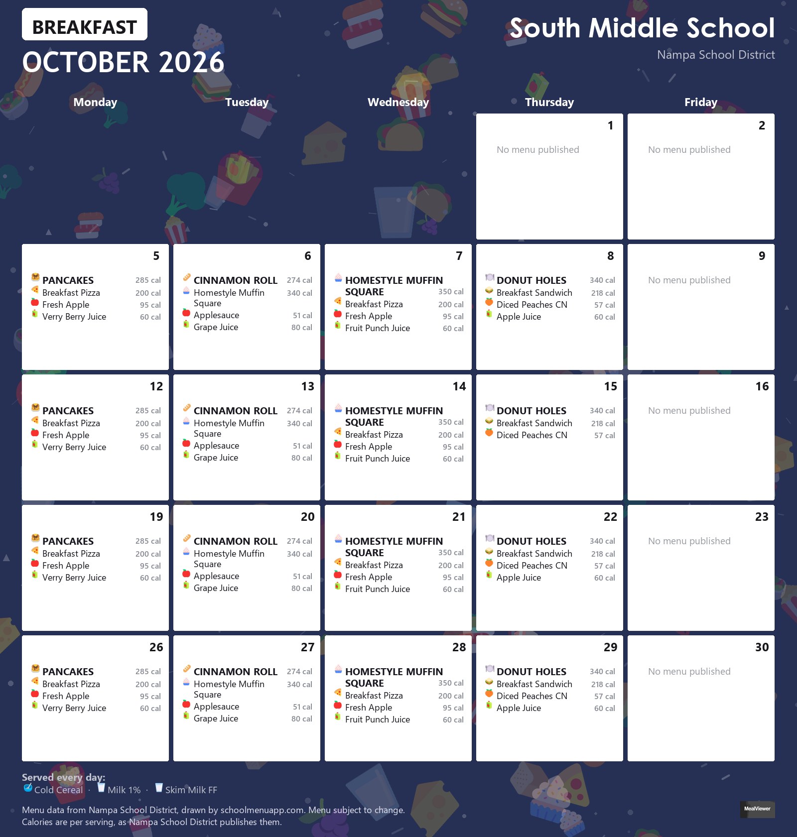 South Middle School breakfast menu for October 2026 &mdash; Nampa School District