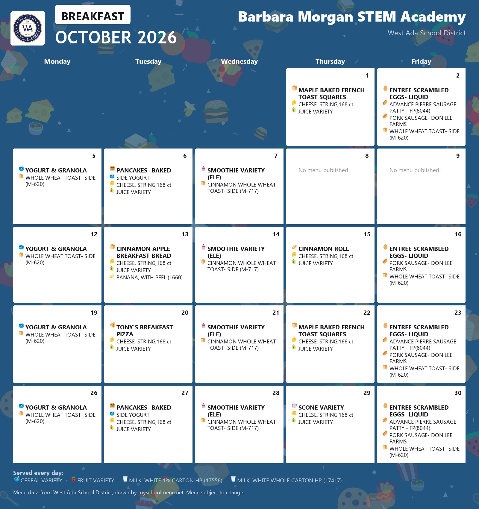 Barbara Morgan STEM Academy breakfast menu for October 2026 &mdash; West Ada School District