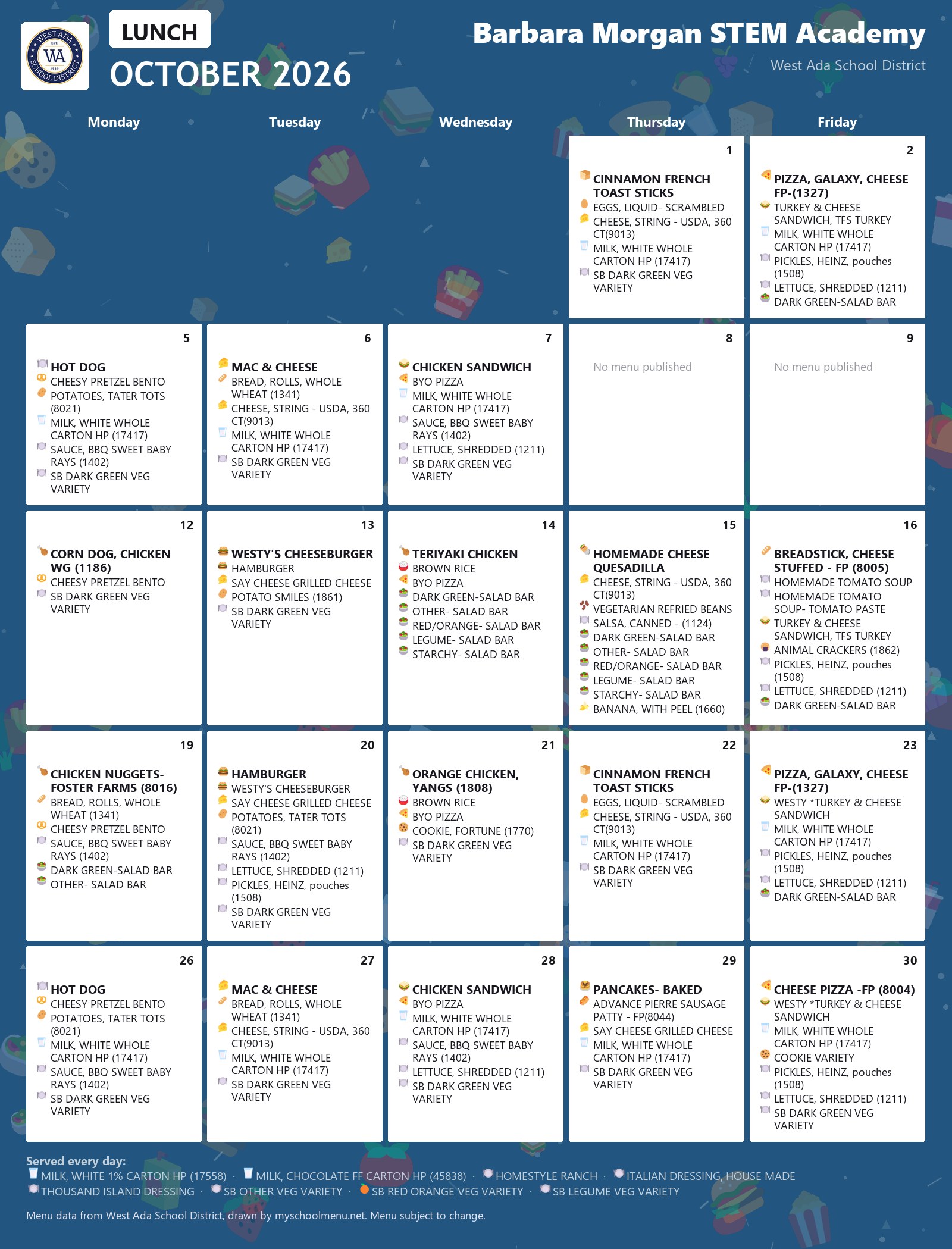 Barbara Morgan STEM Academy lunch menu for October 2026 &mdash; West Ada School District