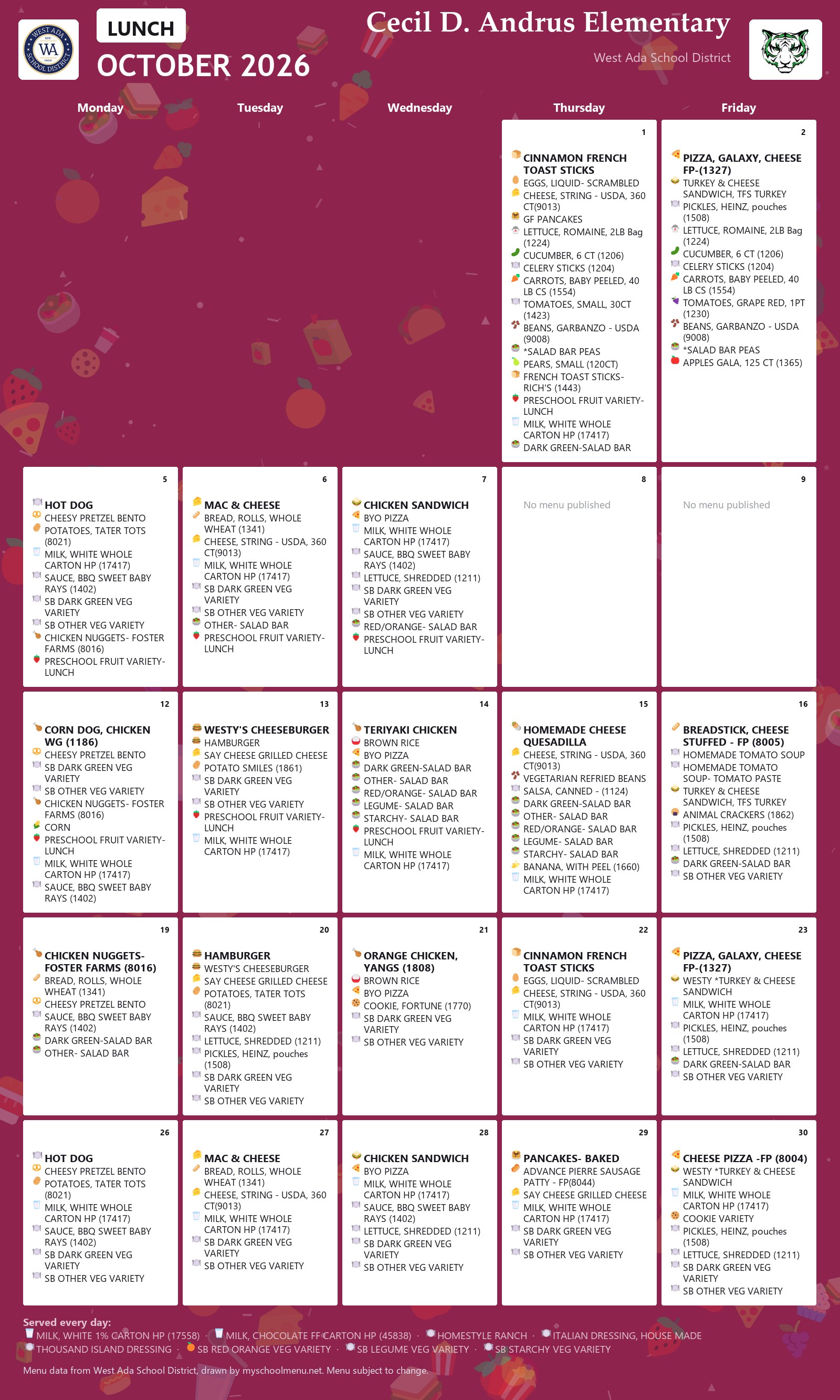 Cecil D. Andrus Elementary lunch menu for October 2026 &mdash; West Ada School District