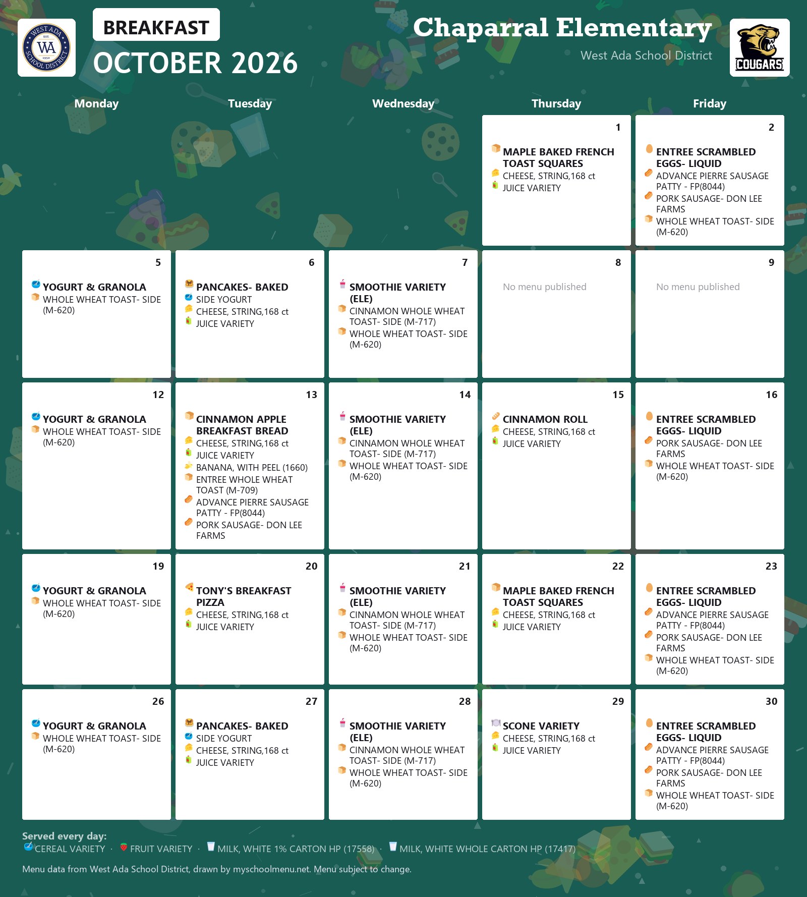 Chaparral Elementary breakfast menu for October 2026 &mdash; West Ada School District
