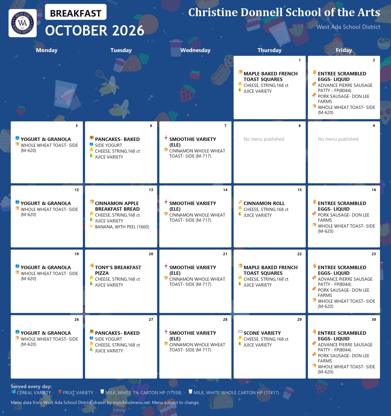 Christine Donnell School of the Arts breakfast menu for October 2026 &mdash; West Ada School District