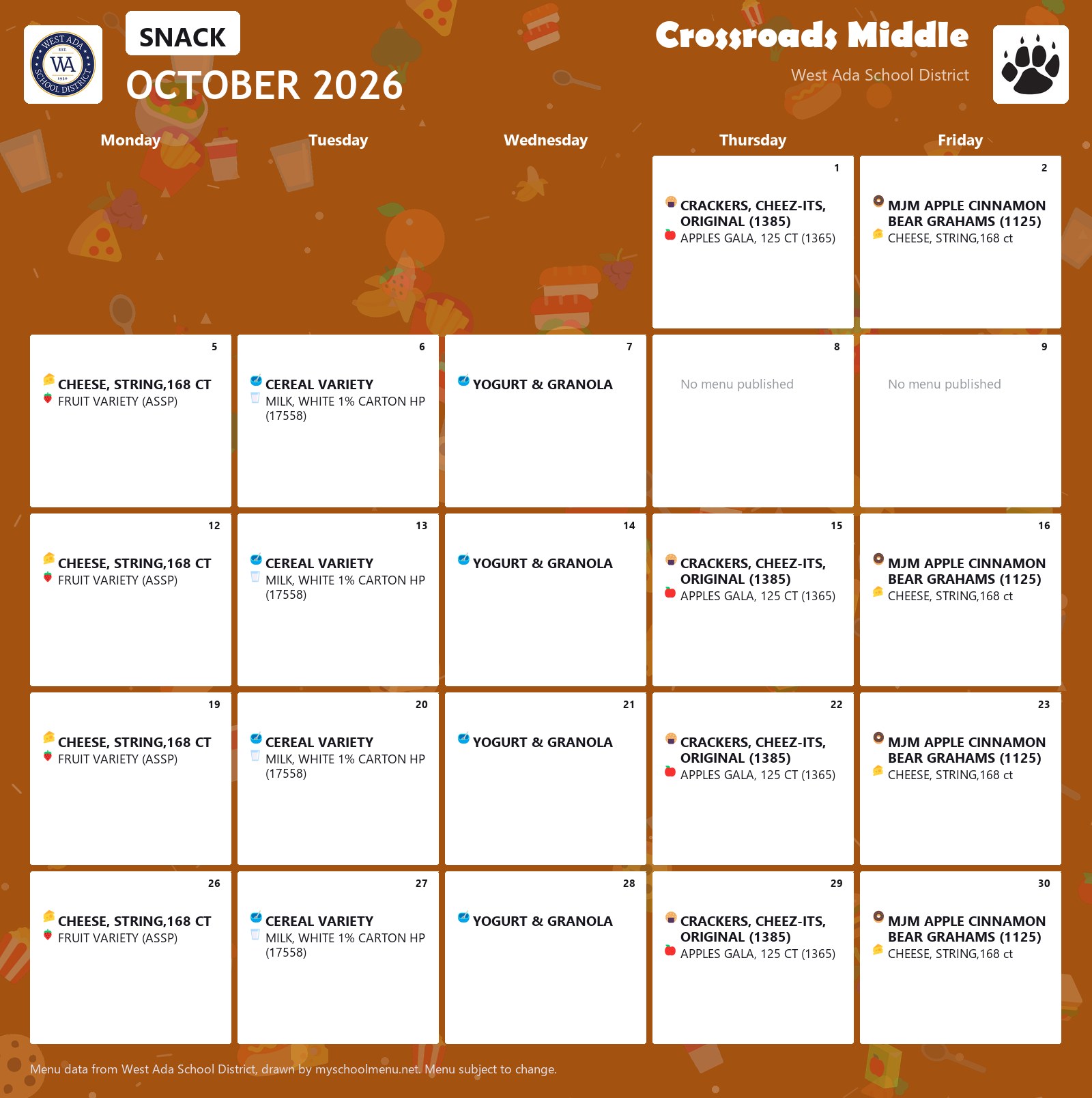 Crossroads Middle snack menu for October 2026 &mdash; West Ada School District