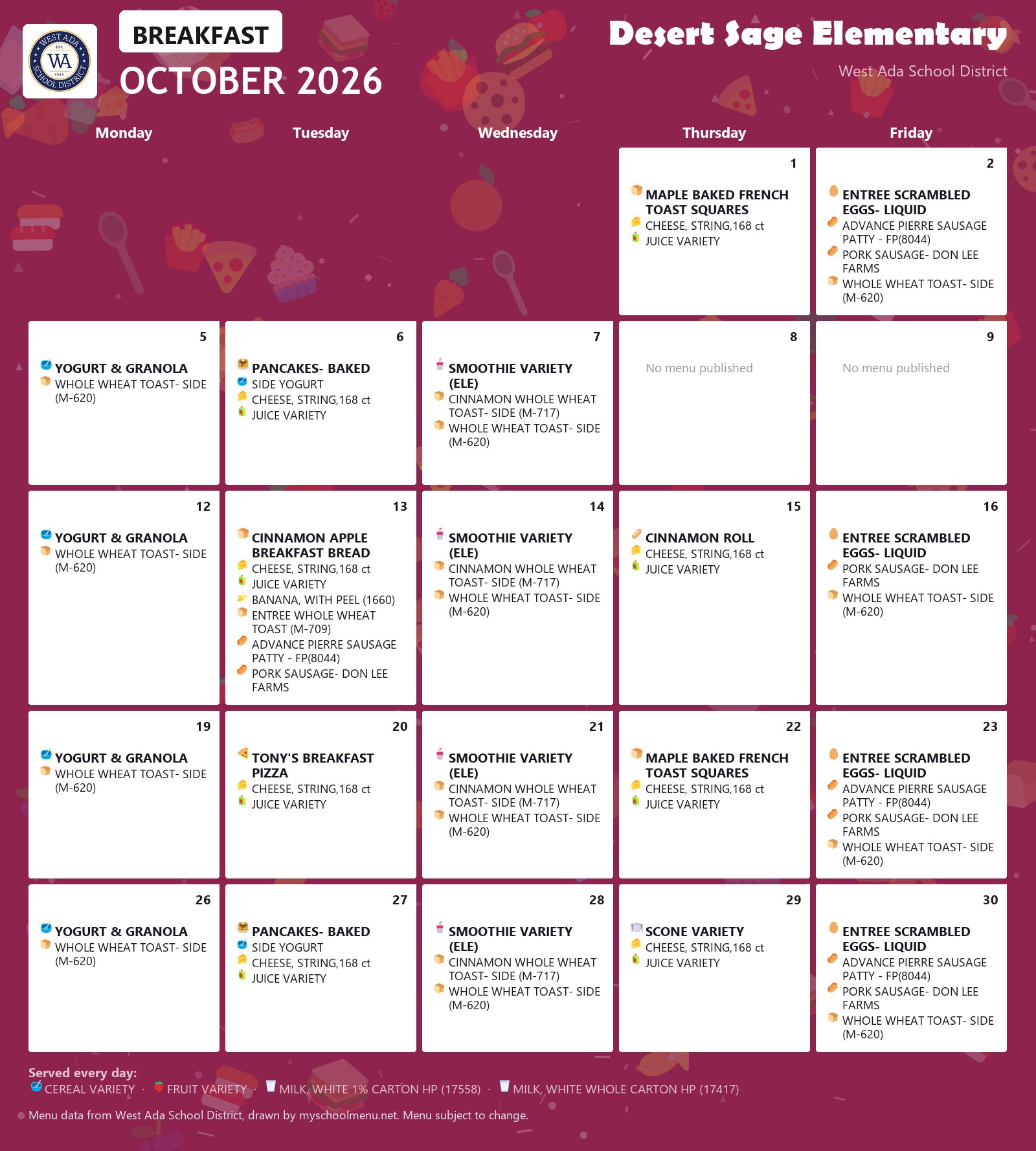 Desert Sage Elementary breakfast menu for October 2026 &mdash; West Ada School District