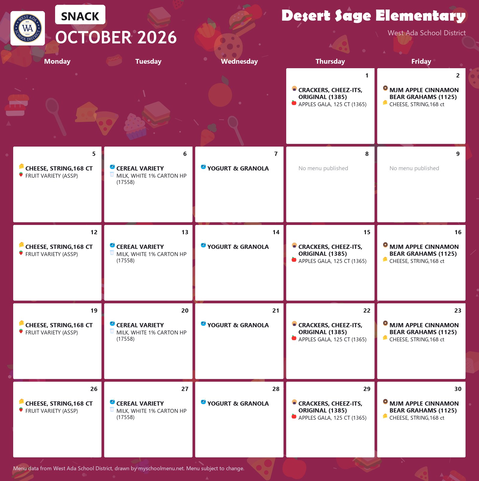 Desert Sage Elementary snack menu for October 2026 &mdash; West Ada School District