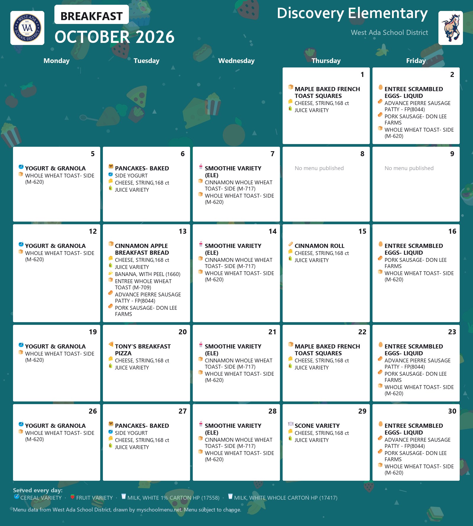 Discovery Elementary breakfast menu for October 2026 &mdash; West Ada School District
