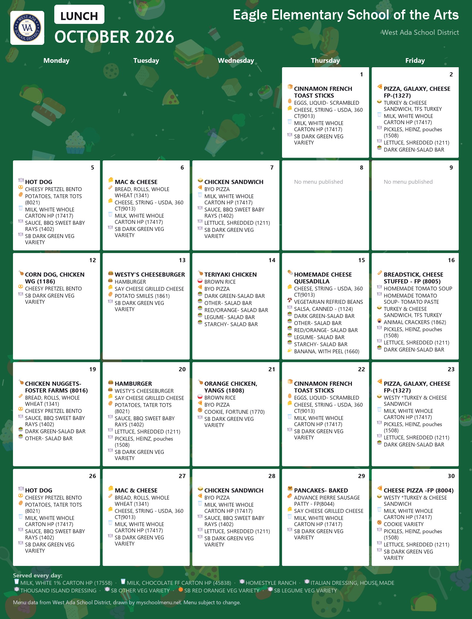 Eagle Elementary School of the Arts lunch menu for October 2026 &mdash; West Ada School District