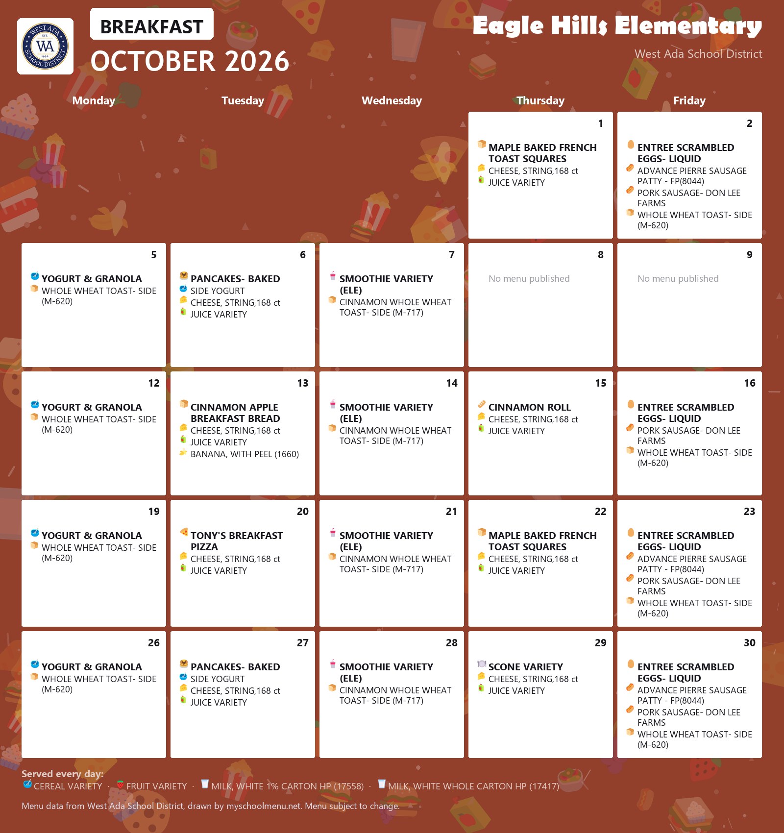 Eagle Hills Elementary breakfast menu for October 2026 &mdash; West Ada School District