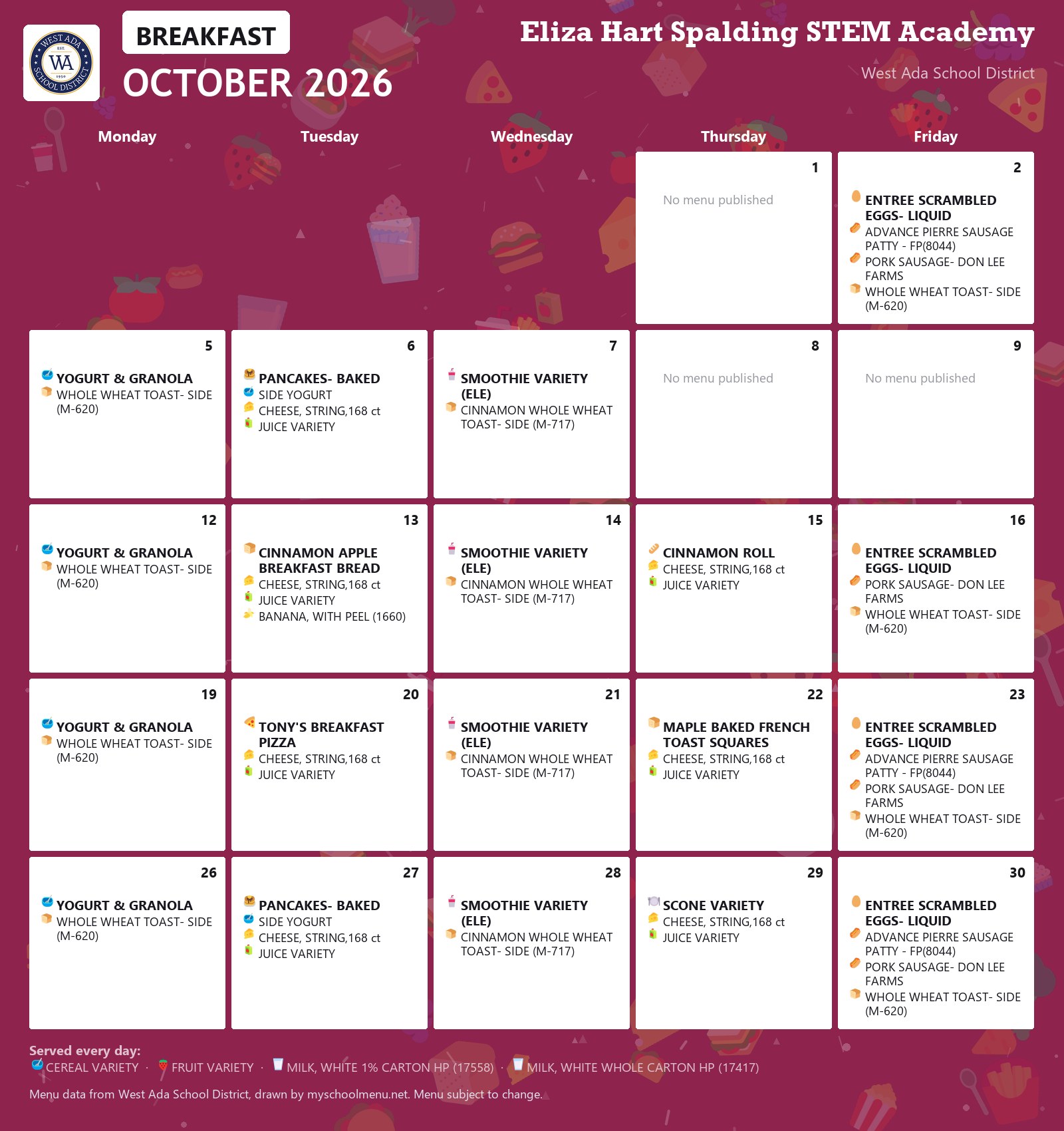 Eliza Hart Spalding STEM Academy breakfast menu for October 2026 &mdash; West Ada School District