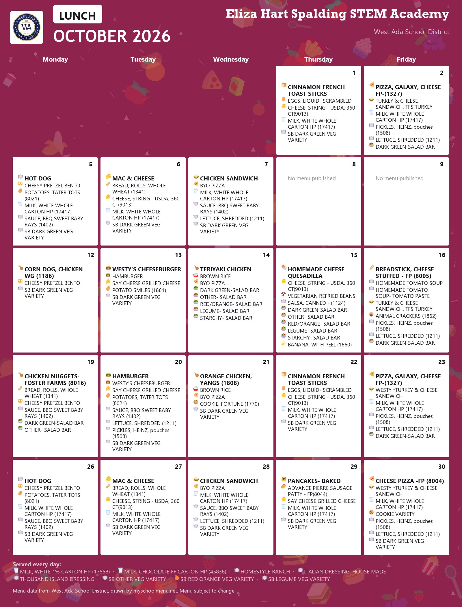 Eliza Hart Spalding STEM Academy lunch menu for October 2026 &mdash; West Ada School District