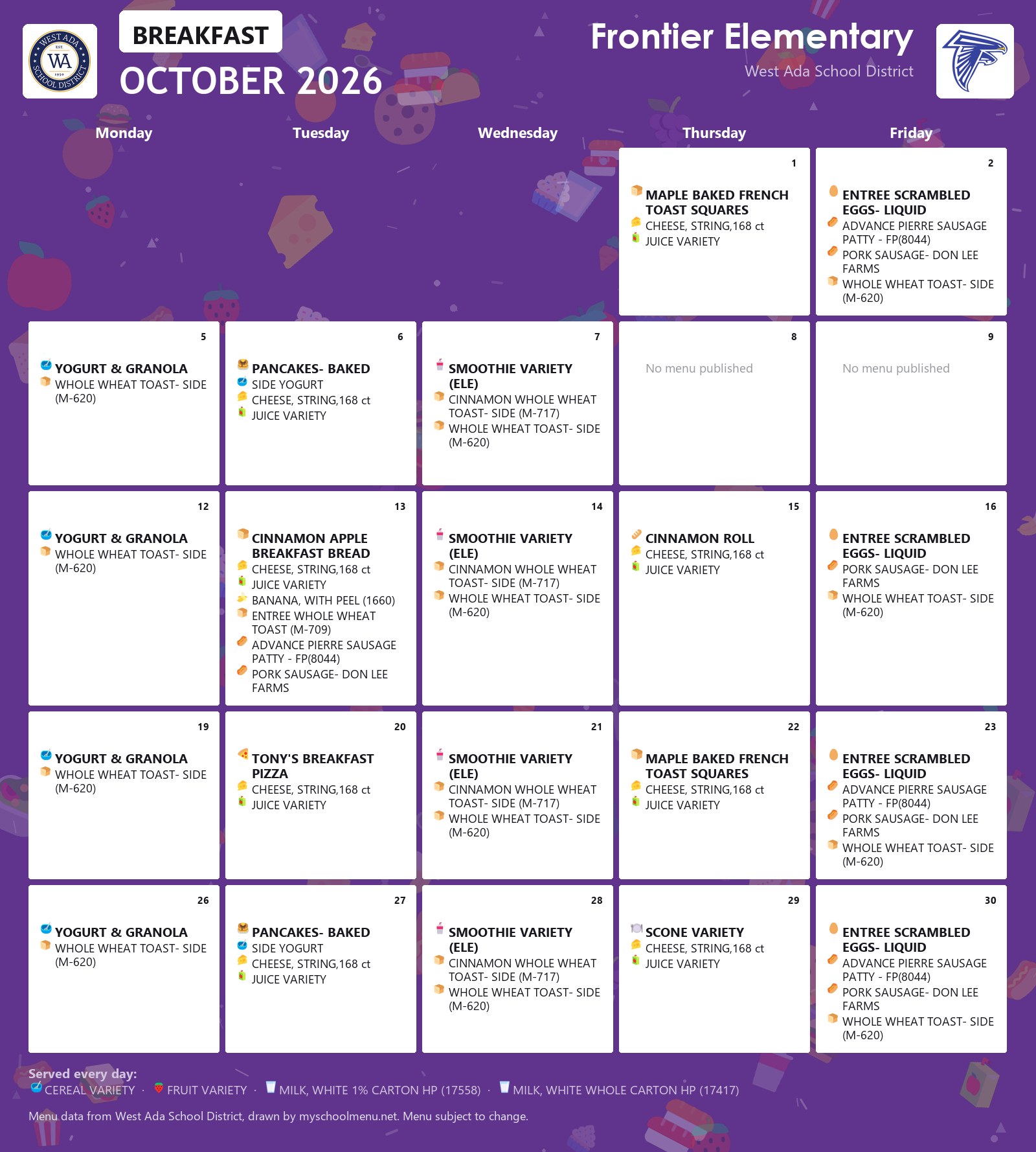 Frontier Elementary breakfast menu for October 2026 &mdash; West Ada School District