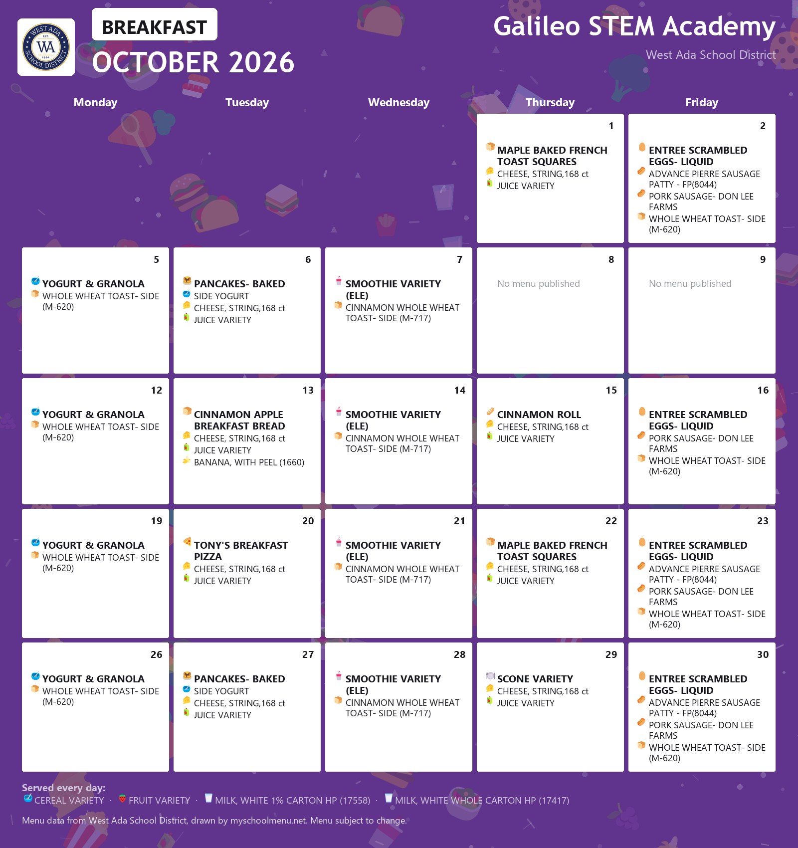 Galileo STEM Academy breakfast menu for October 2026 &mdash; West Ada School District