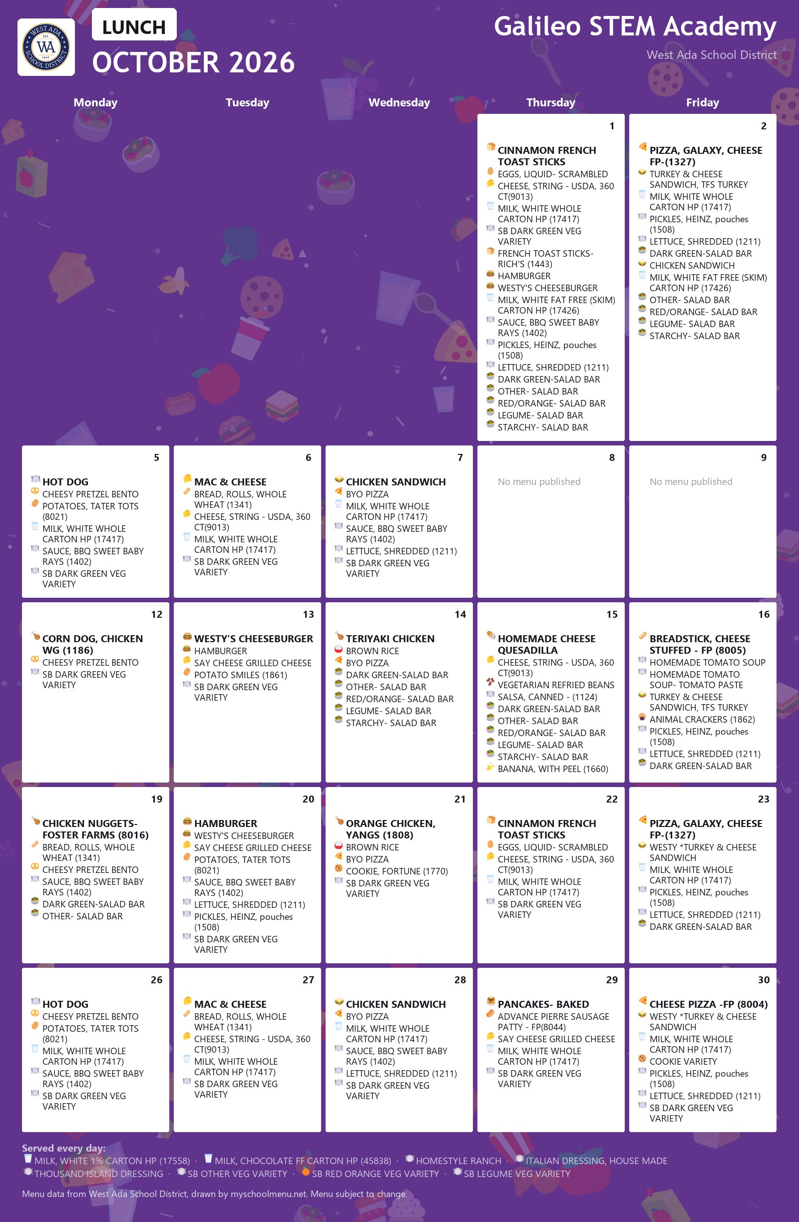 Galileo STEM Academy lunch menu for October 2026 &mdash; West Ada School District