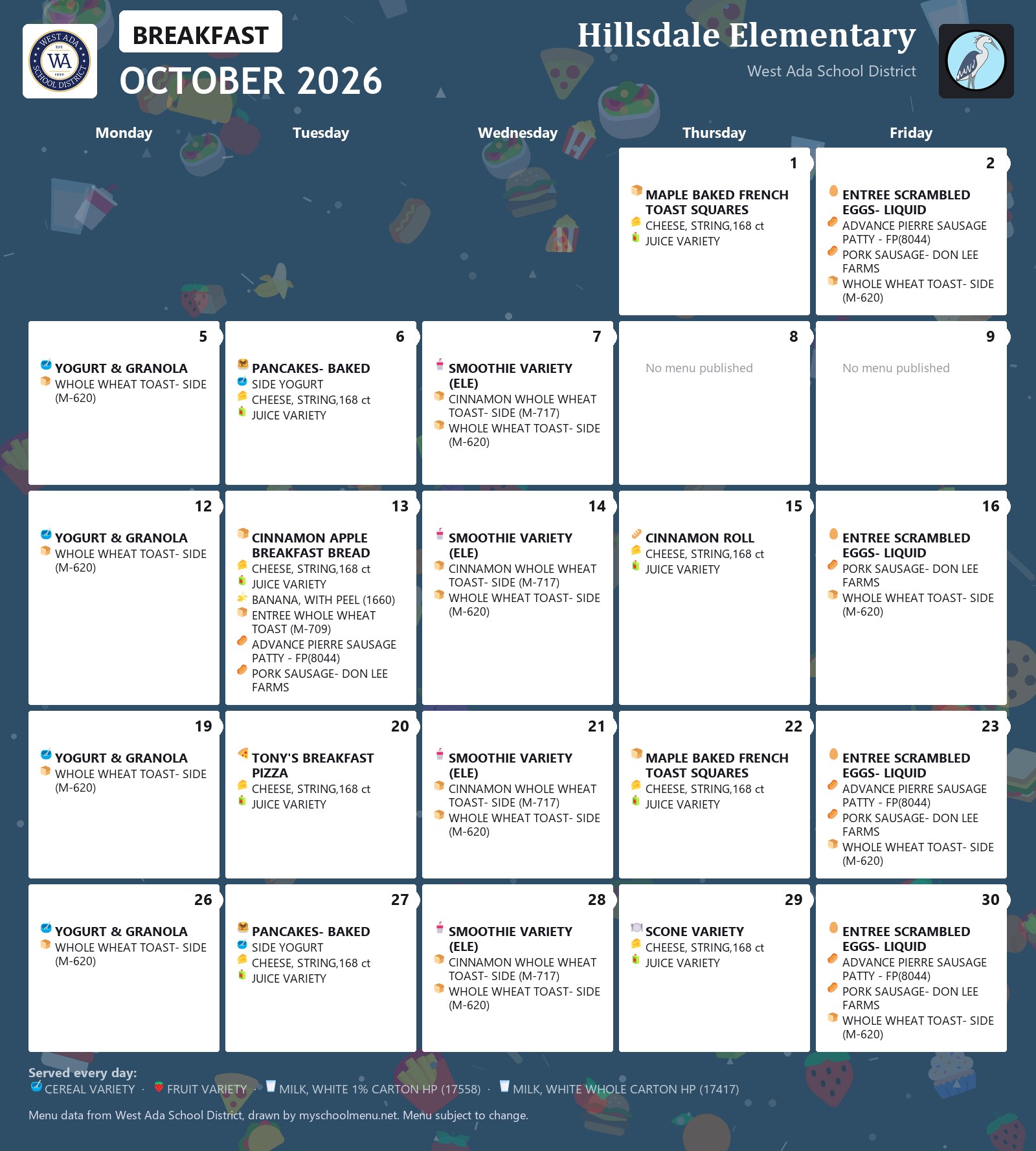 Hillsdale Elementary breakfast menu for October 2026 &mdash; West Ada School District