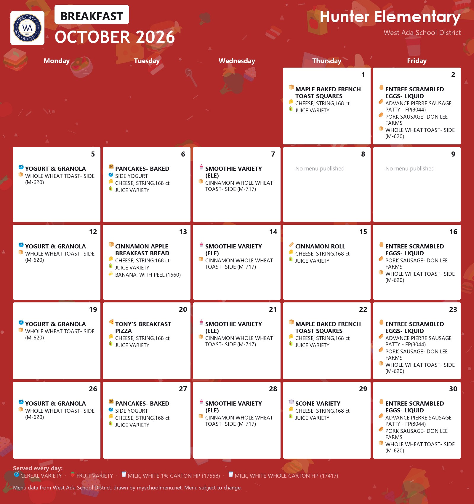 Hunter Elementary breakfast menu for October 2026 &mdash; West Ada School District