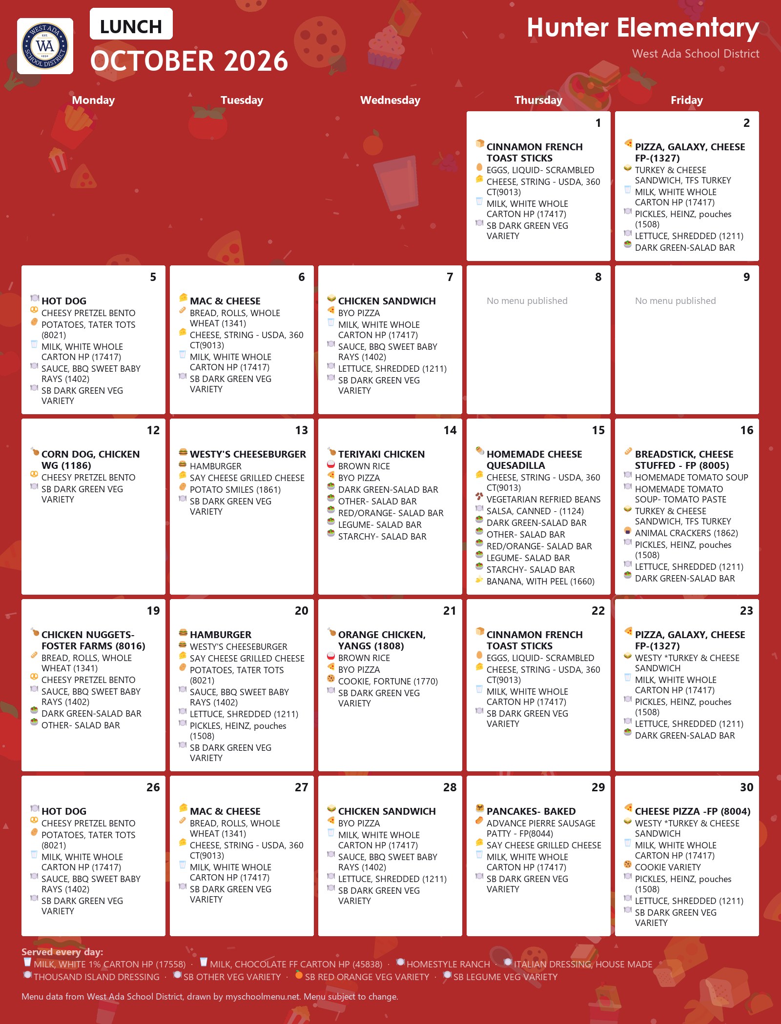 Hunter Elementary lunch menu for October 2026 &mdash; West Ada School District