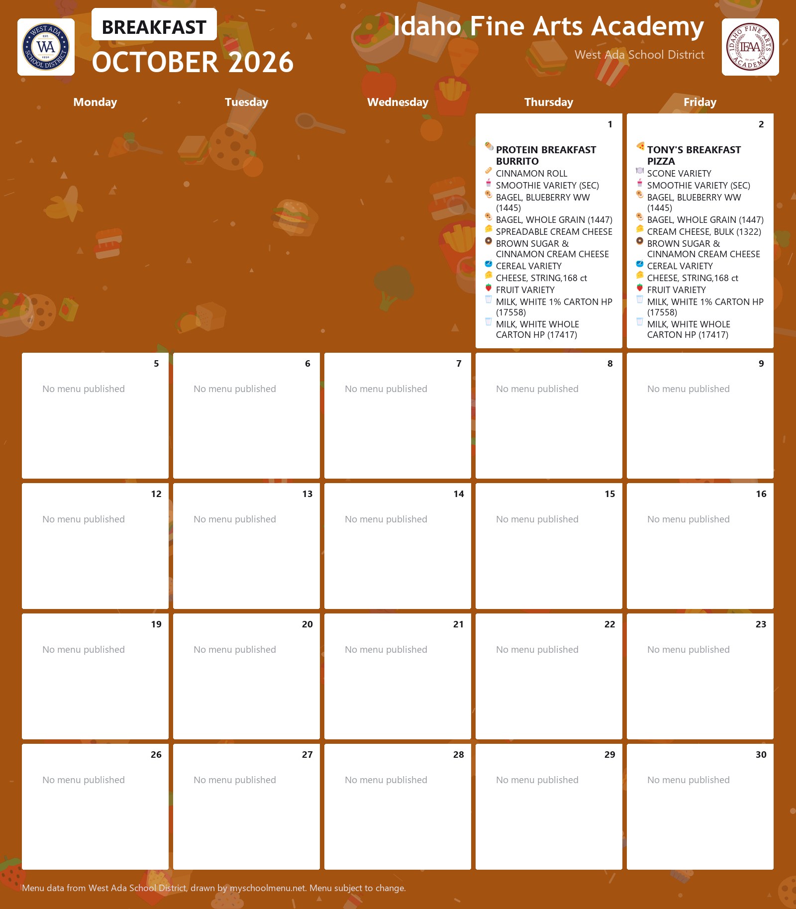 Idaho Fine Arts Academy breakfast menu for October 2026 &mdash; West Ada School District