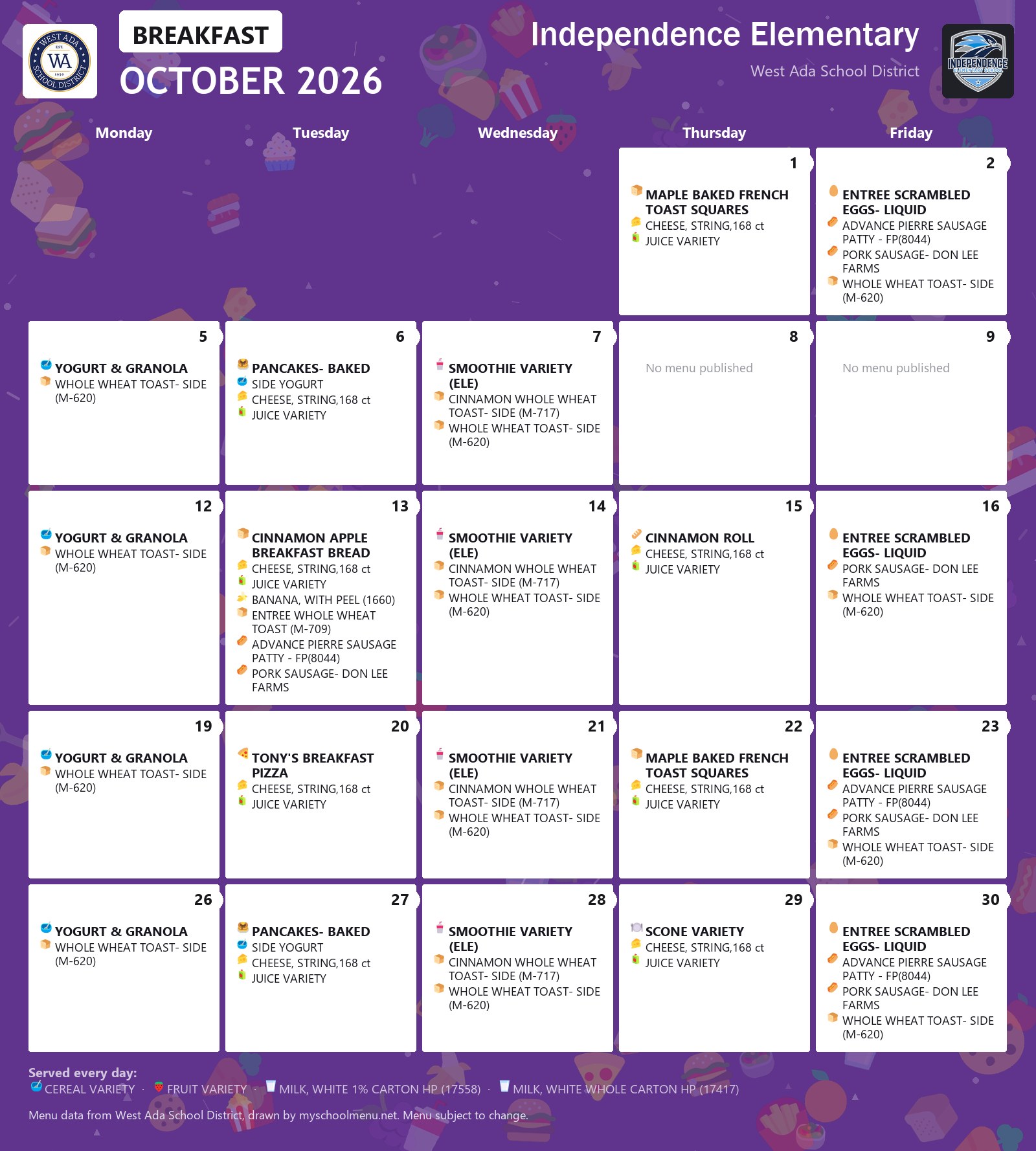 Independence Elementary breakfast menu for October 2026 &mdash; West Ada School District