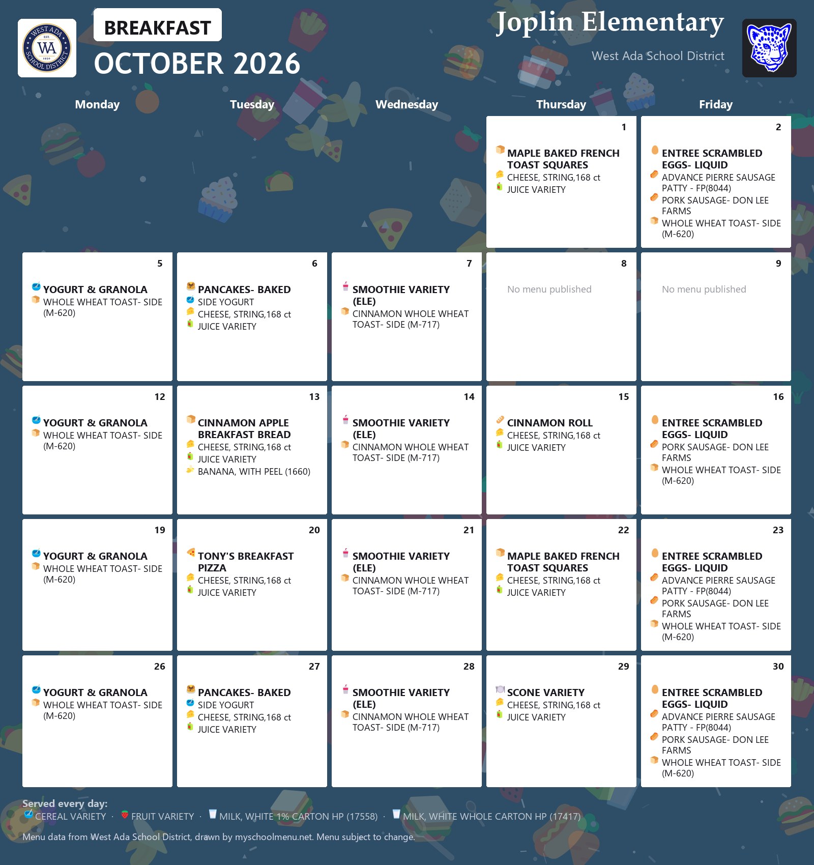 Joplin Elementary breakfast menu for October 2026 &mdash; West Ada School District