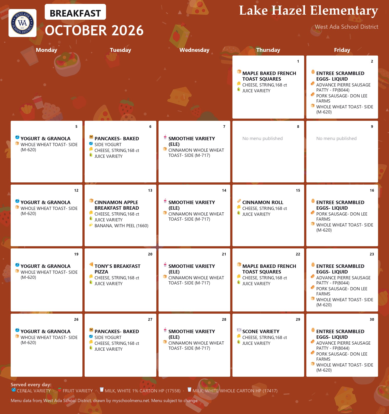 Lake Hazel Elementary breakfast menu for October 2026 &mdash; West Ada School District