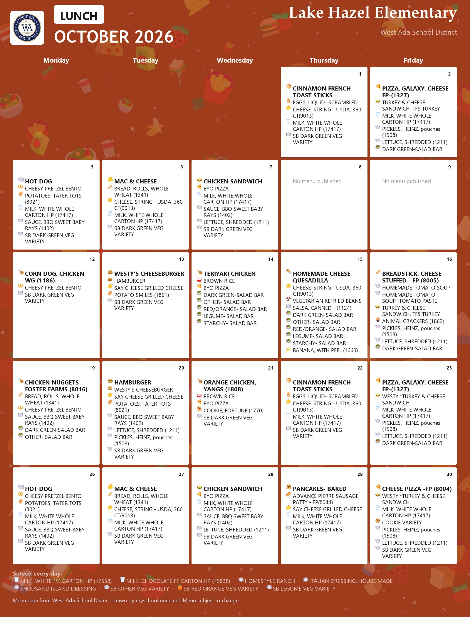 Lake Hazel Elementary lunch menu for October 2026 &mdash; West Ada School District