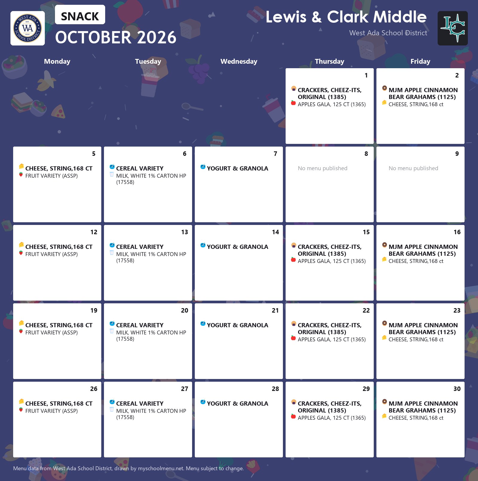 Lewis & Clark Middle snack menu for October 2026 &mdash; West Ada School District