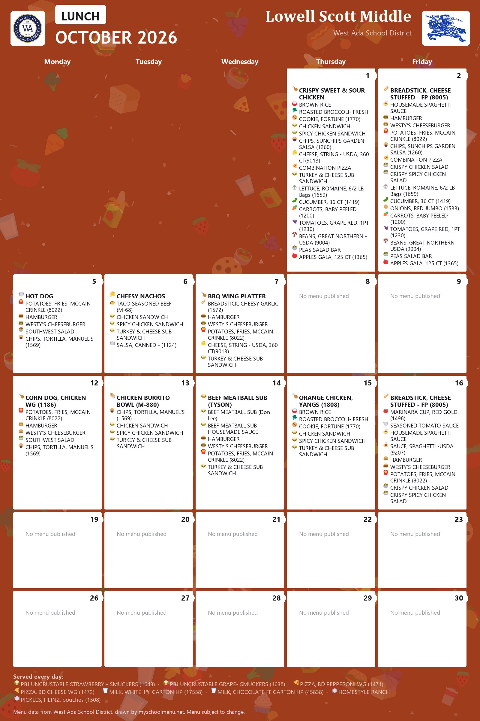 Lowell Scott Middle lunch menu for October 2026 &mdash; West Ada School District
