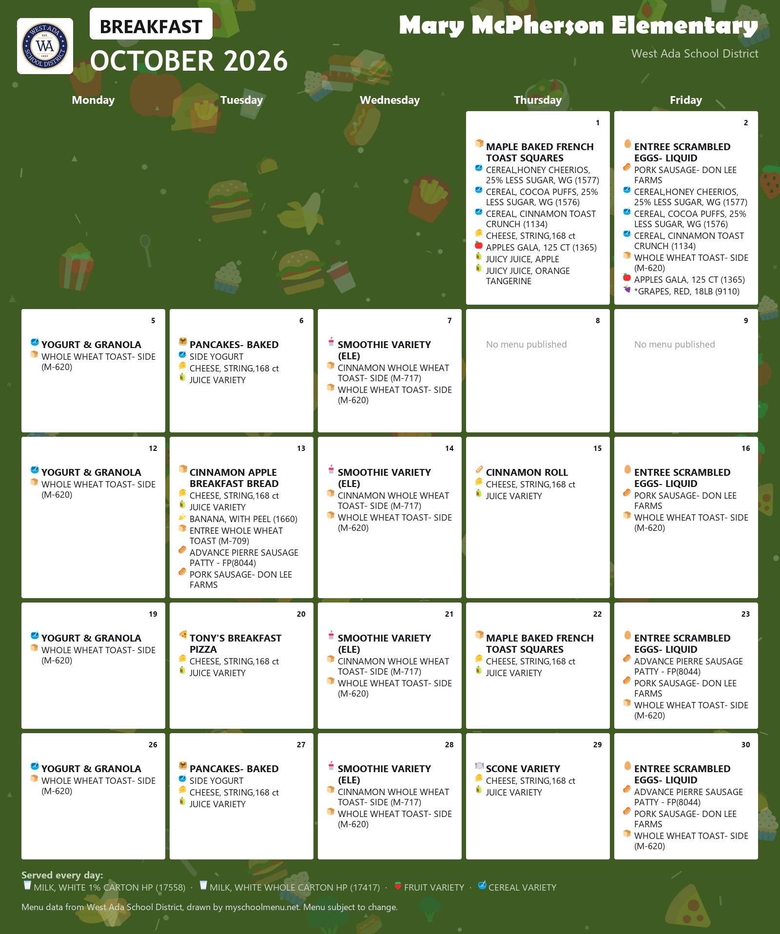 Mary McPherson Elementary breakfast menu for October 2026 &mdash; West Ada School District