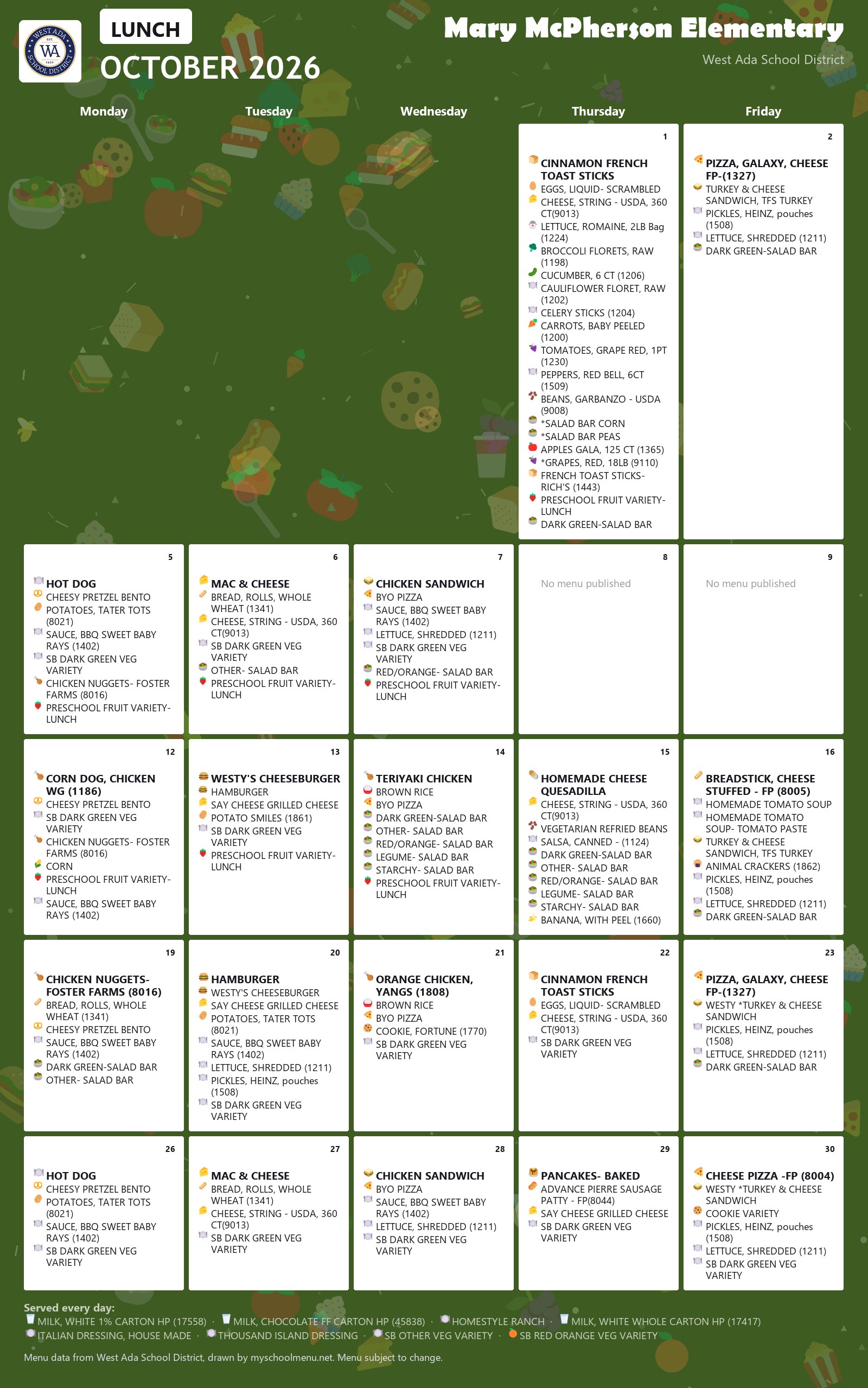 Mary McPherson Elementary lunch menu for October 2026 &mdash; West Ada School District