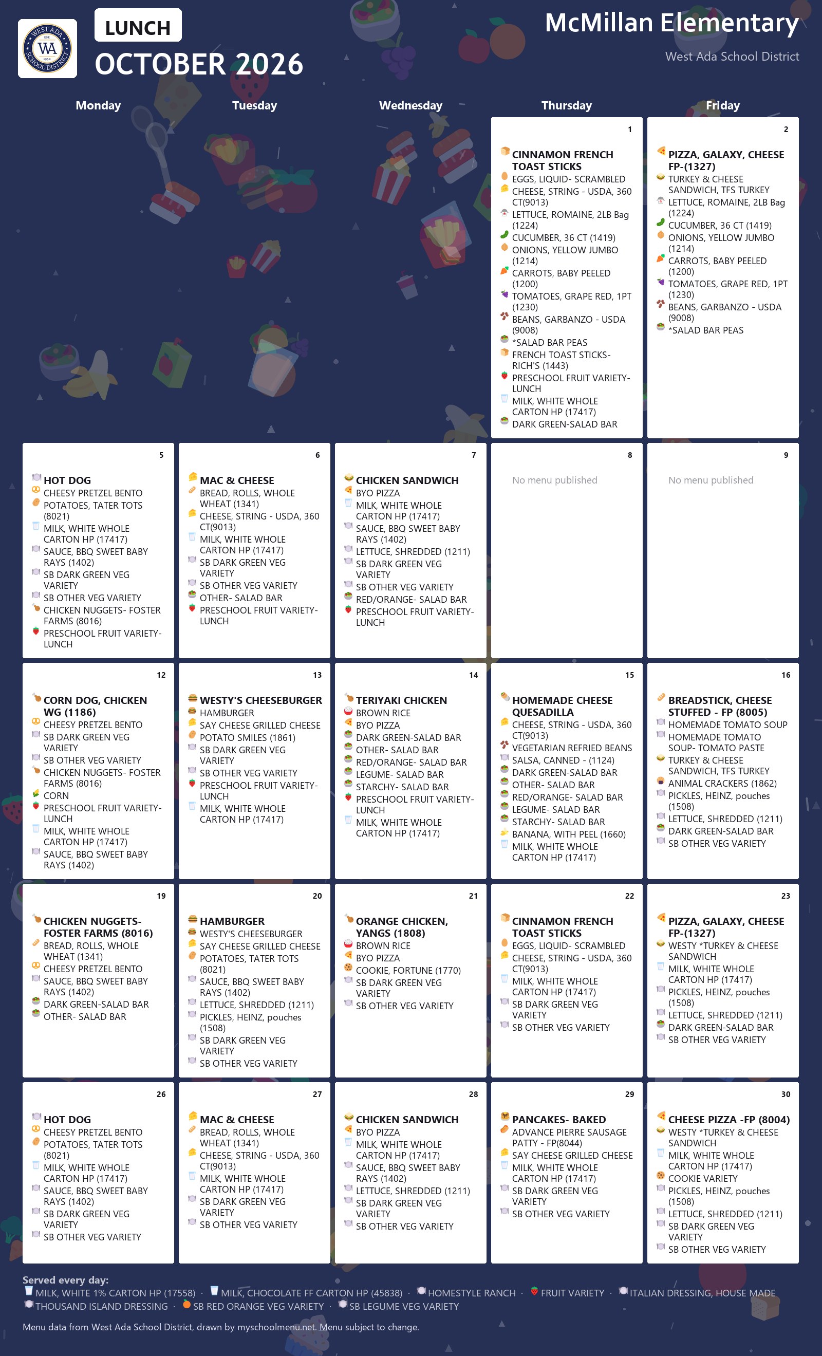 McMillan Elementary lunch menu for October 2026 &mdash; West Ada School District