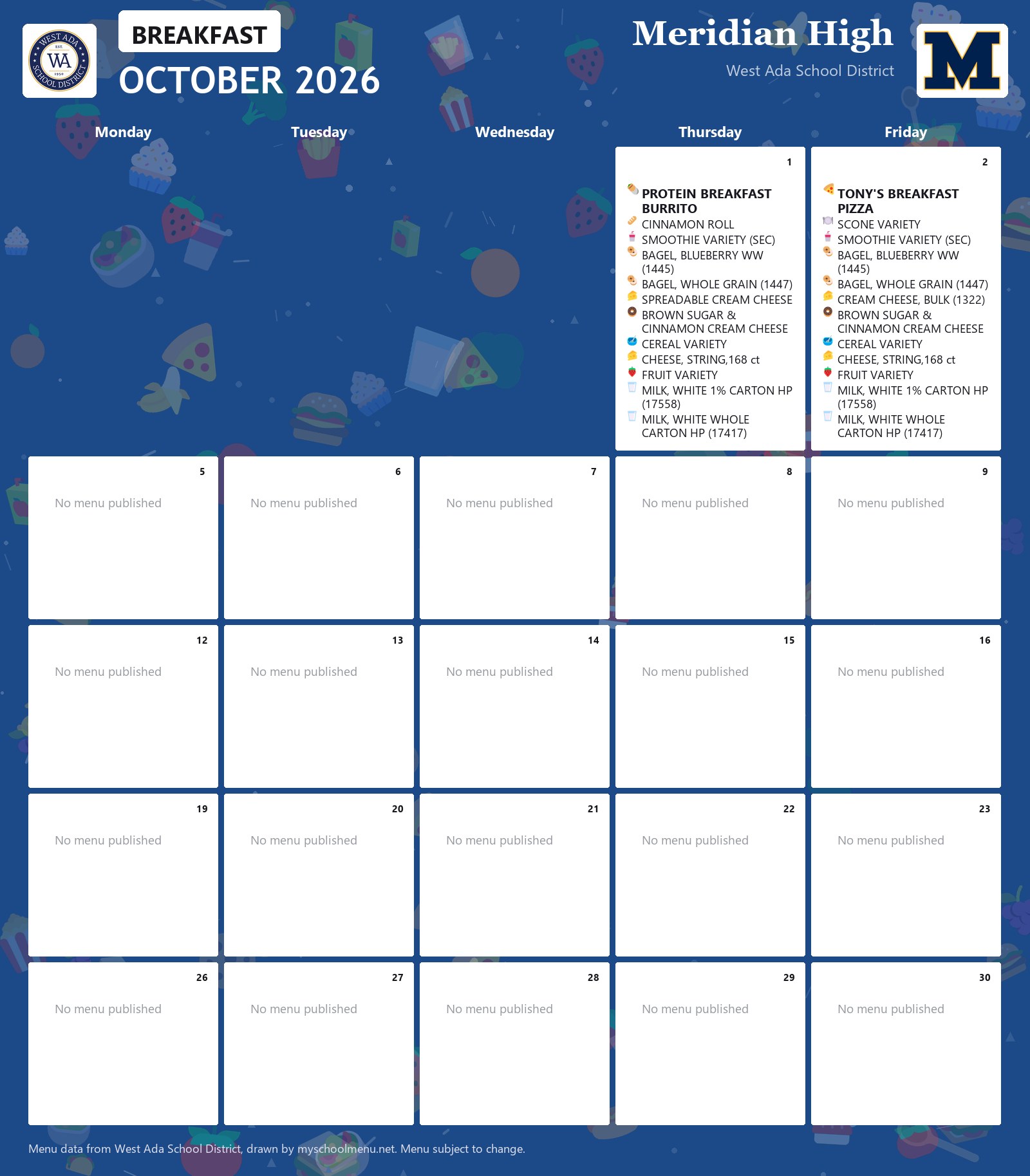 Meridian High breakfast menu for October 2026 &mdash; West Ada School District