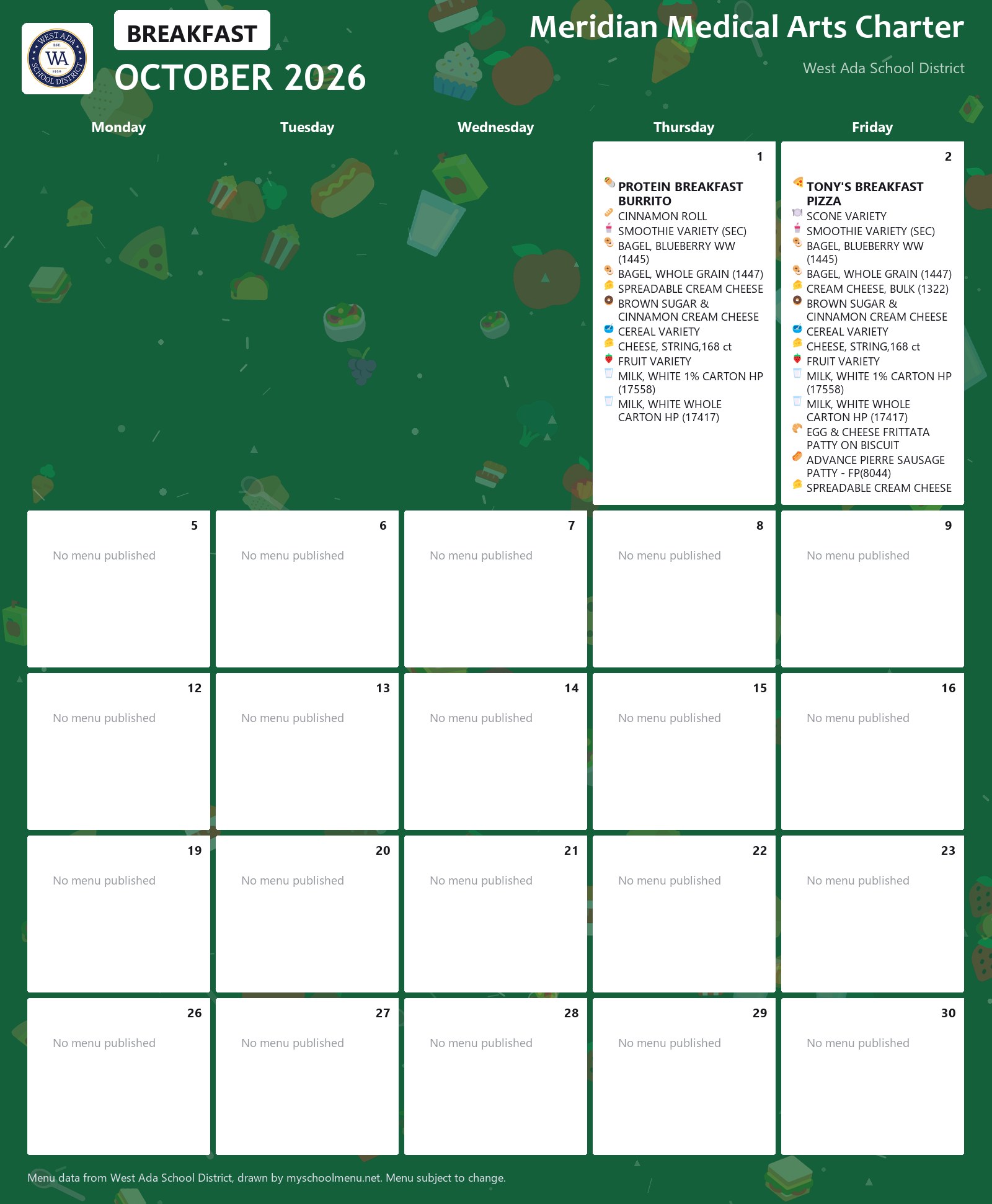Meridian Medical Arts Charter breakfast menu for October 2026 &mdash; West Ada School District