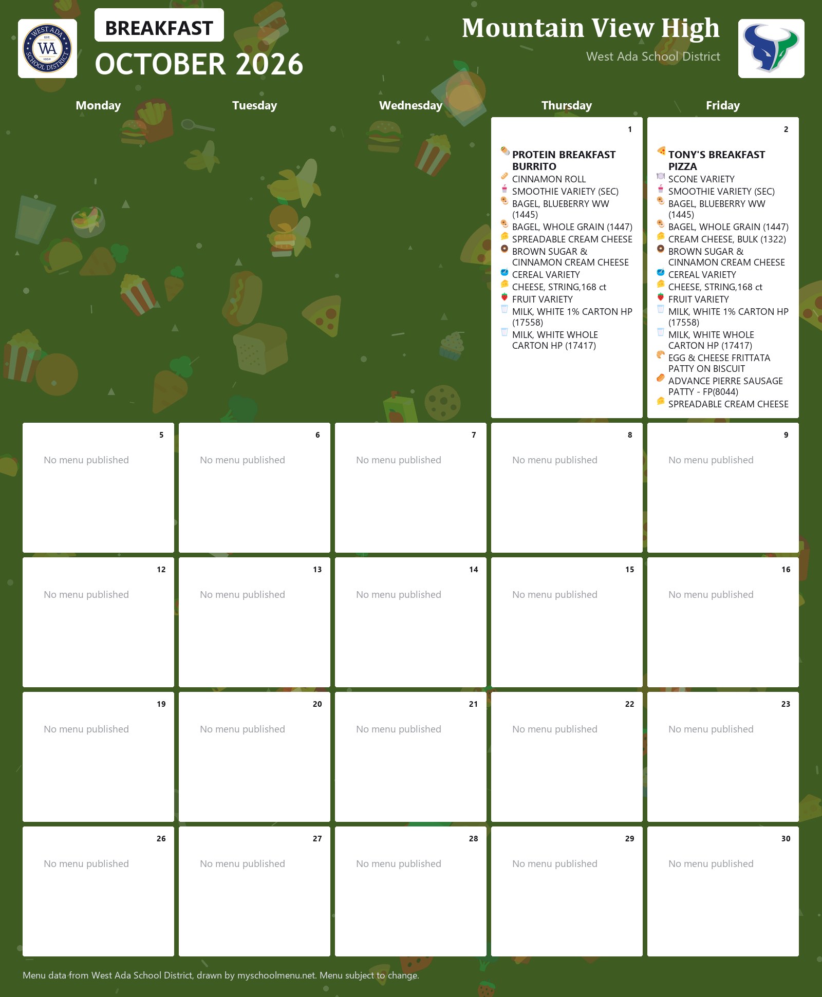 Mountain View High breakfast menu for October 2026 &mdash; West Ada School District