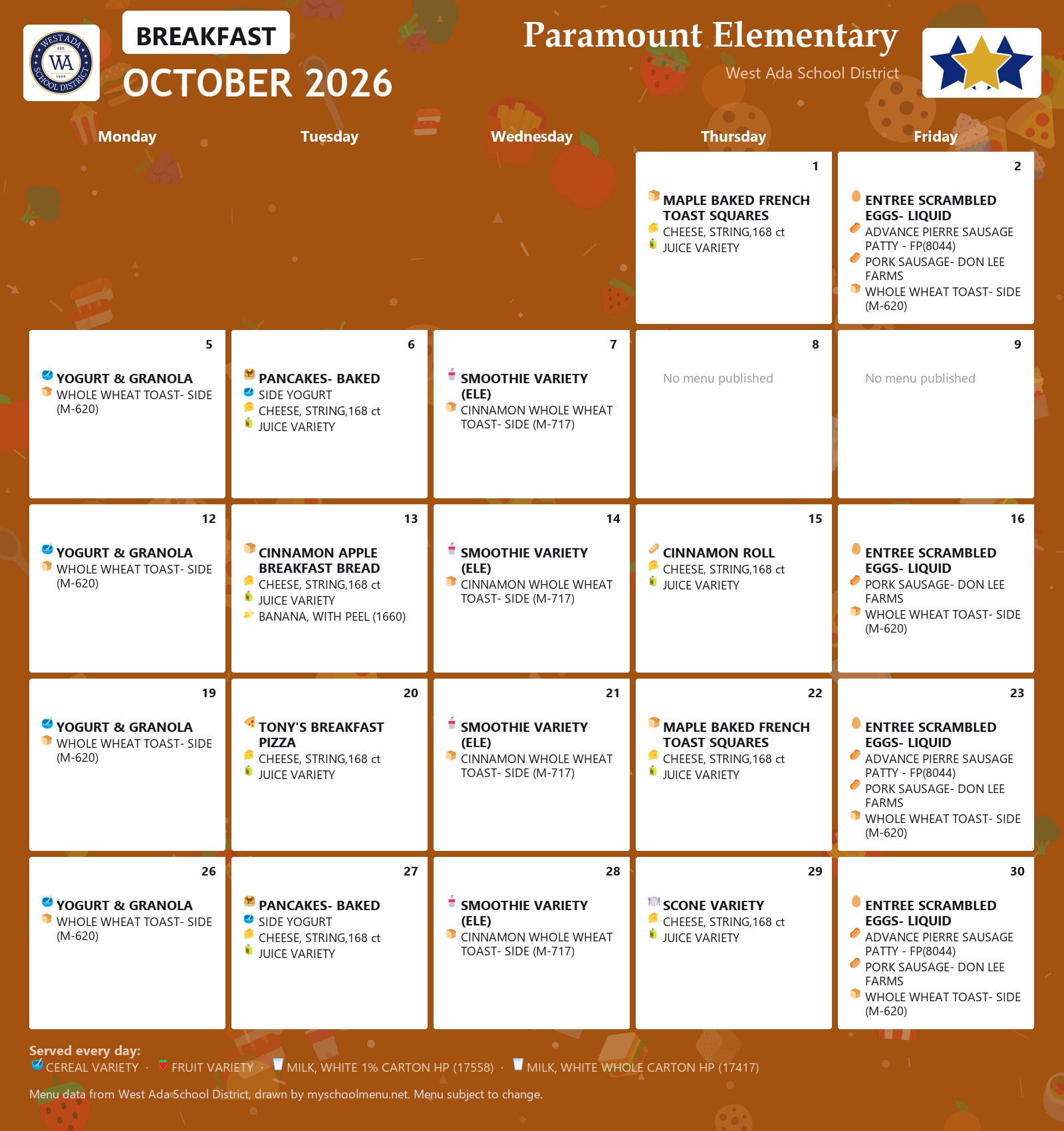 Paramount Elementary breakfast menu for October 2026 &mdash; West Ada School District