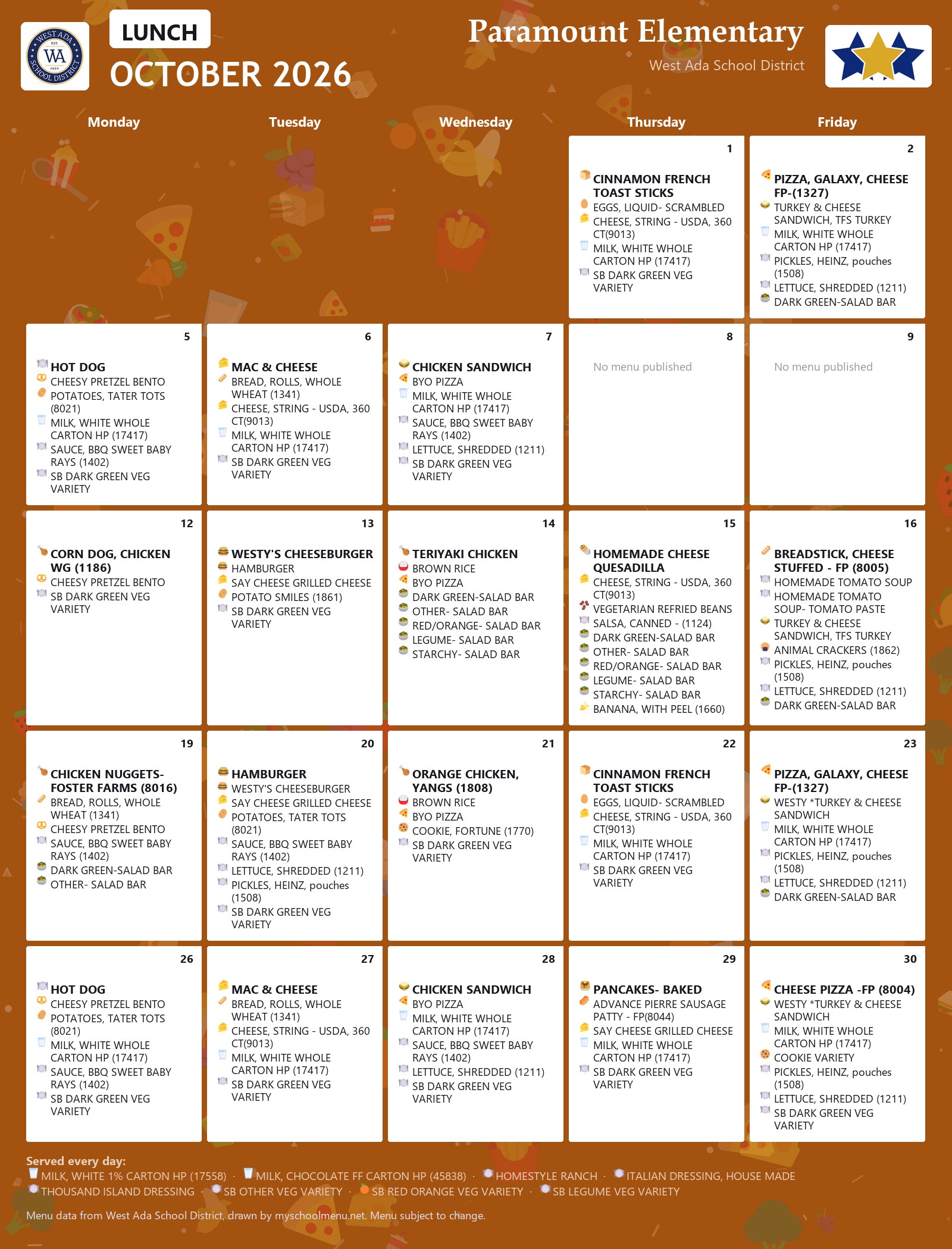 Paramount Elementary lunch menu for October 2026 &mdash; West Ada School District