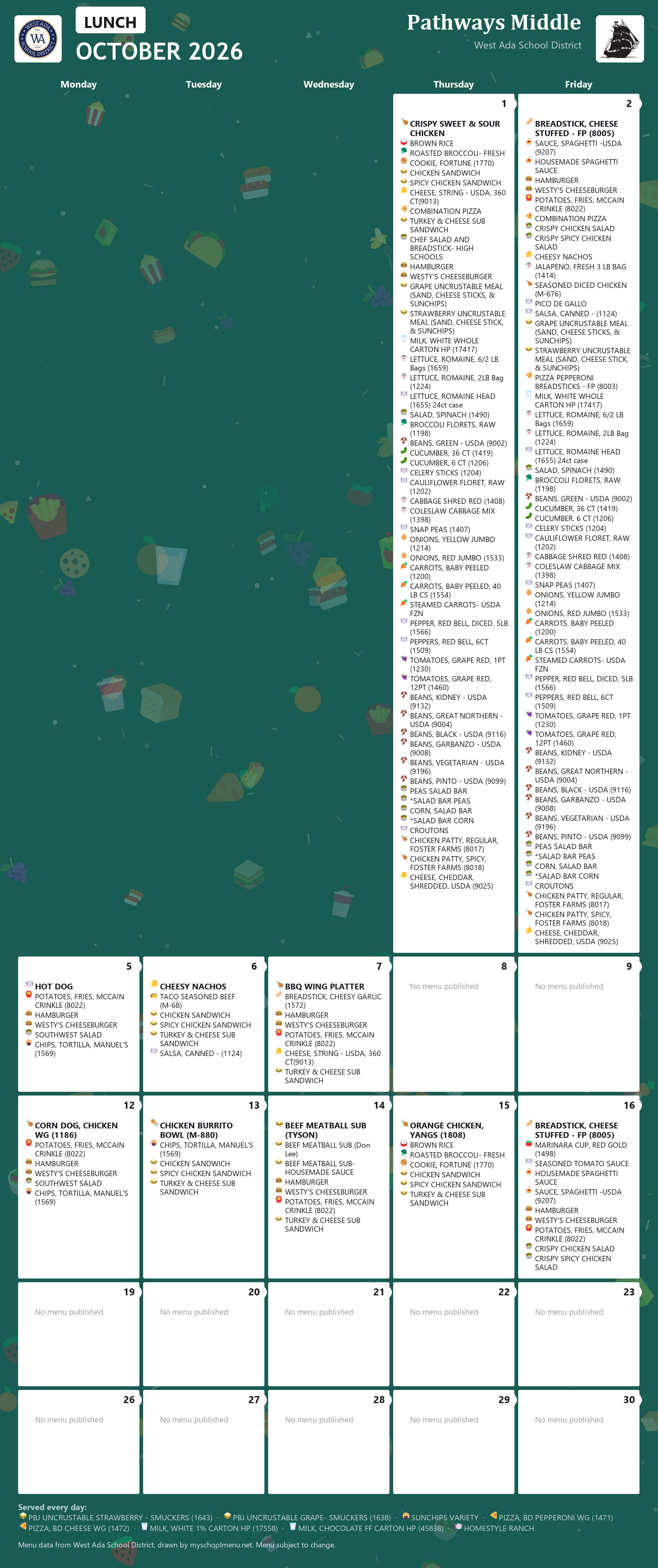 Pathways Middle lunch menu for October 2026 &mdash; West Ada School District