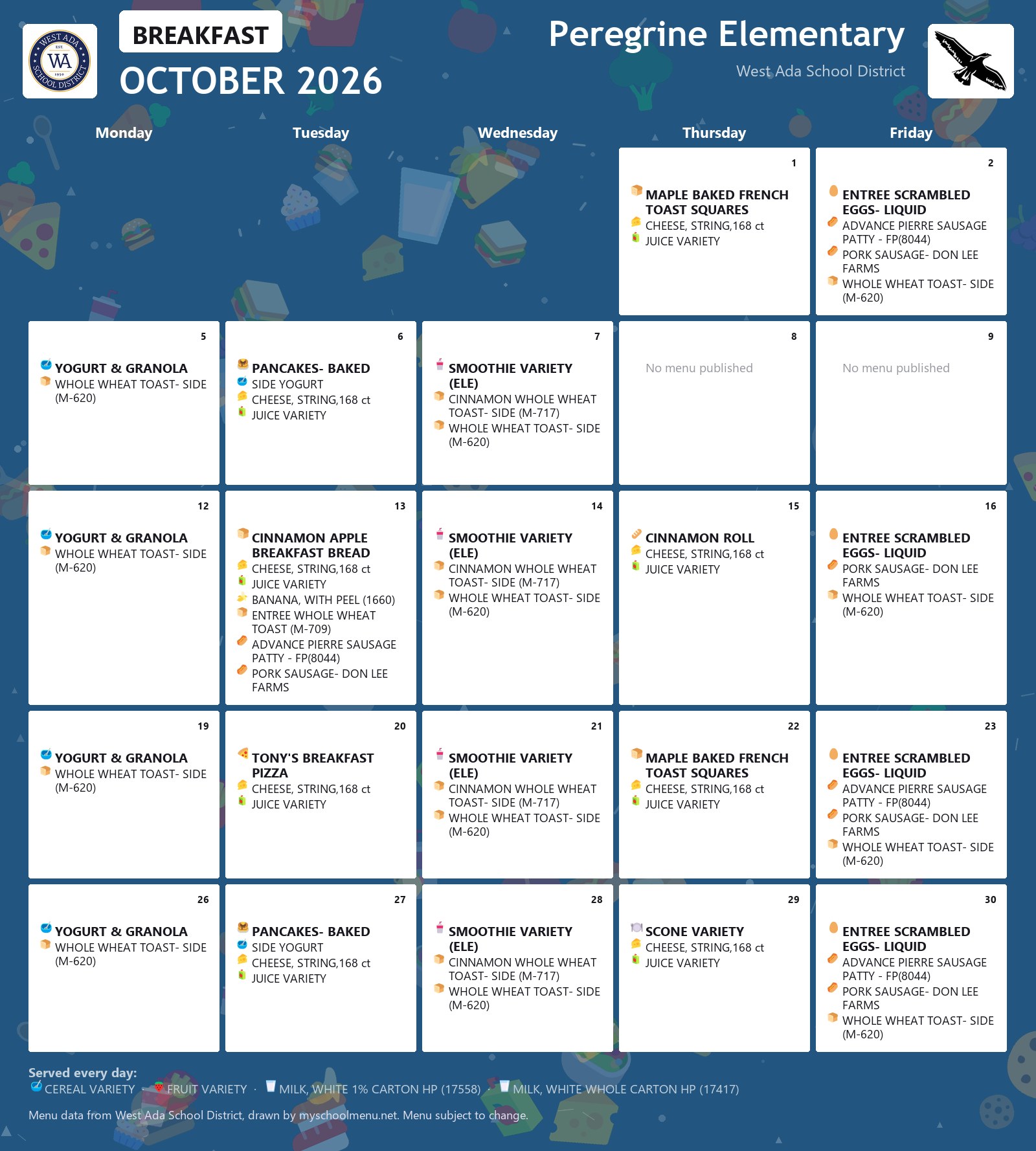 Peregrine Elementary breakfast menu for October 2026 &mdash; West Ada School District