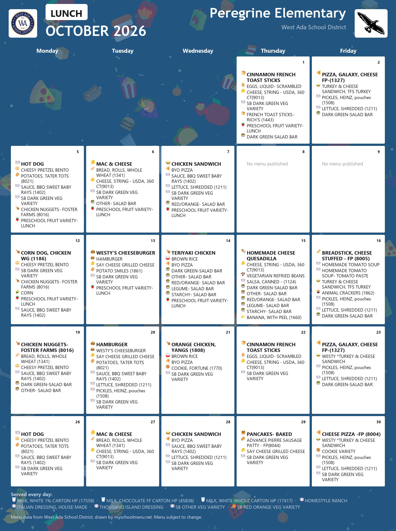 Peregrine Elementary lunch menu for October 2026 &mdash; West Ada School District