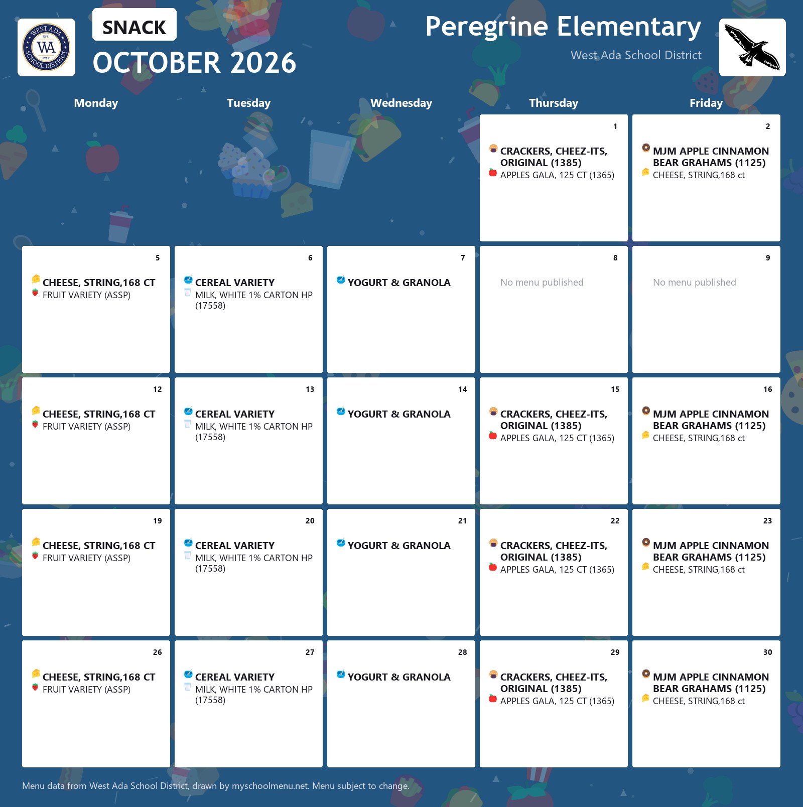 Peregrine Elementary snack menu for October 2026 &mdash; West Ada School District