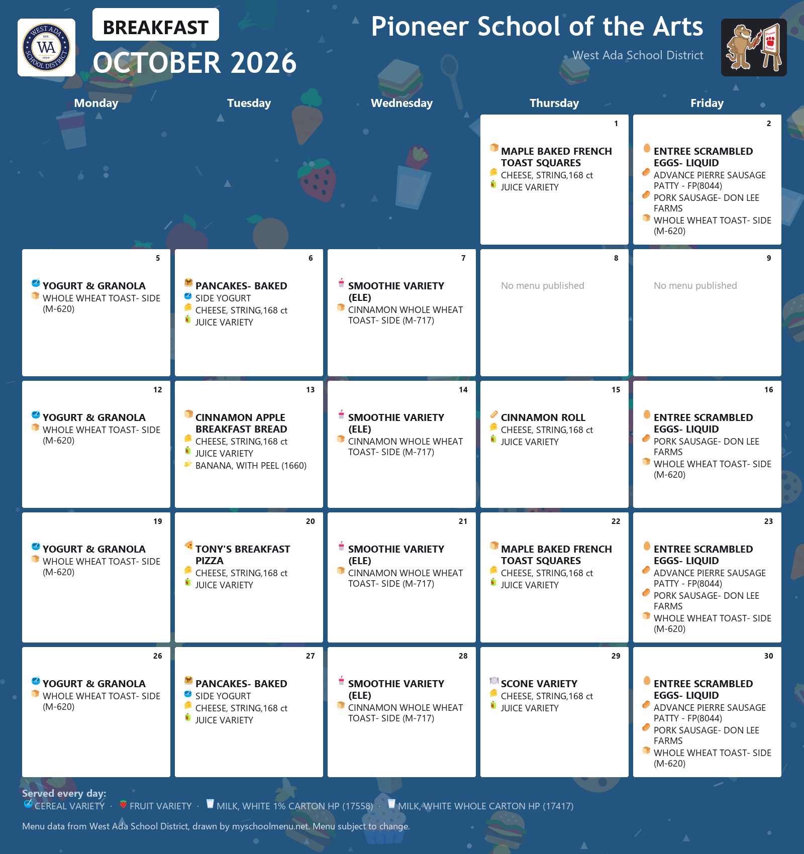 Pioneer School of the Arts breakfast menu for October 2026 &mdash; West Ada School District