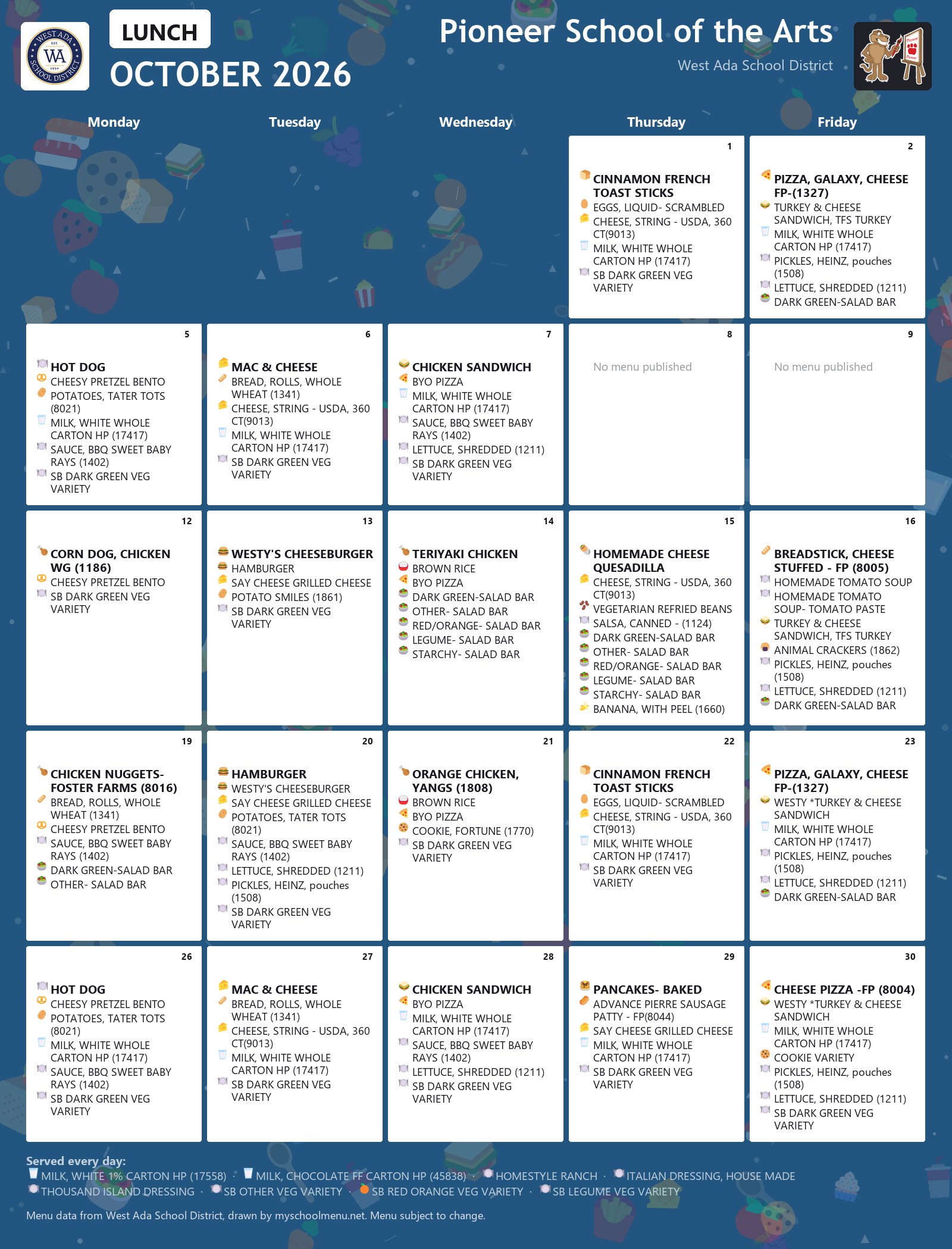 Pioneer School of the Arts lunch menu for October 2026 &mdash; West Ada School District