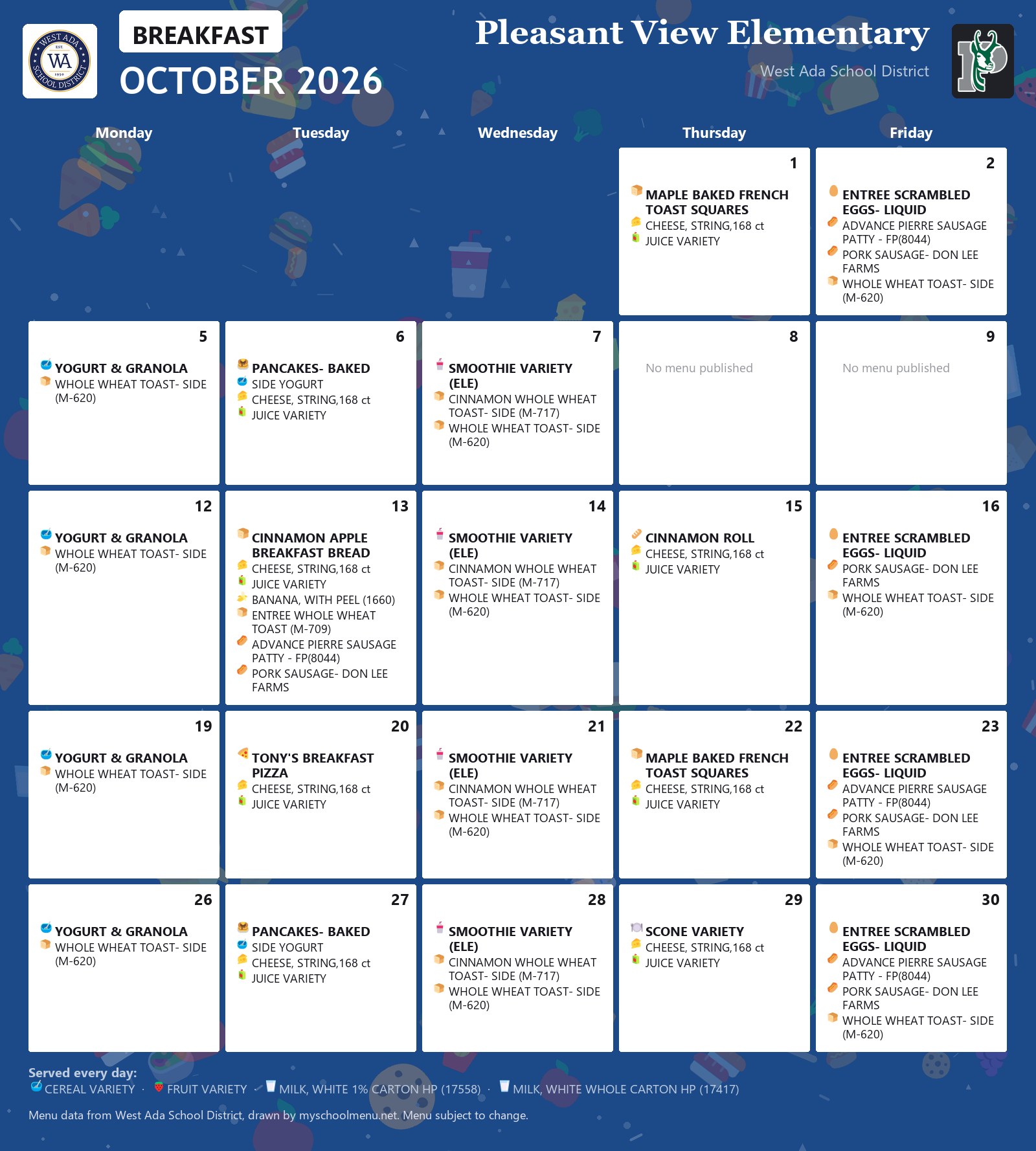 Pleasant View Elementary breakfast menu for October 2026 &mdash; West Ada School District