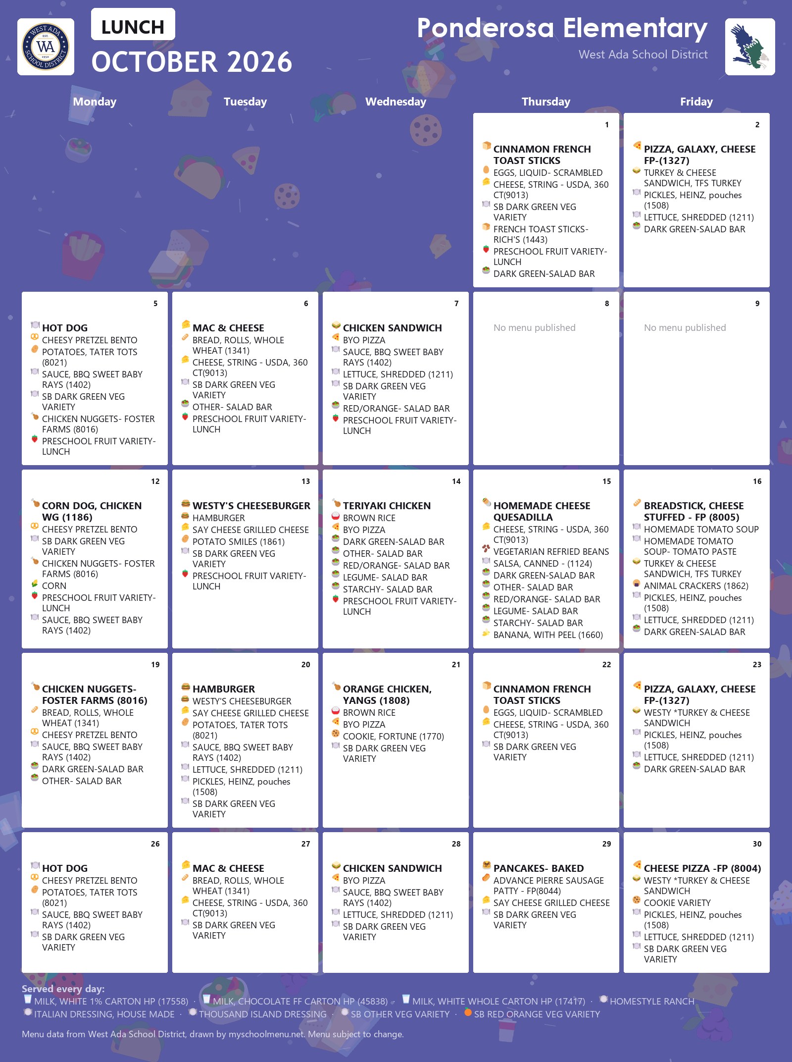 Ponderosa Elementary lunch menu for October 2026 &mdash; West Ada School District